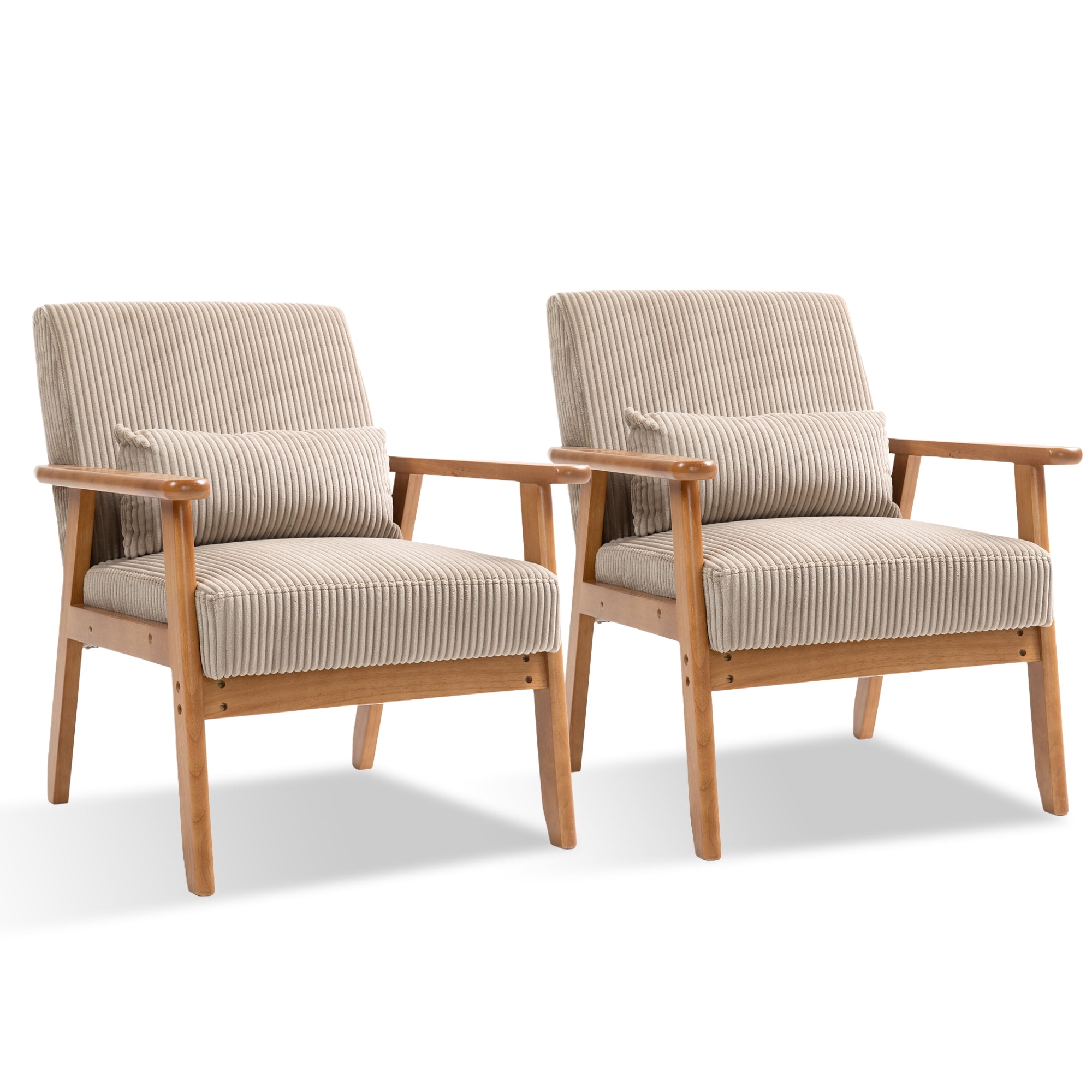 Miniyam Set of 2 Corduroy Mid-Century Modern Accent Chair,Leisure Chair with Solid Wood Armrest and Feet,Living Room Reading Chair,Camel
