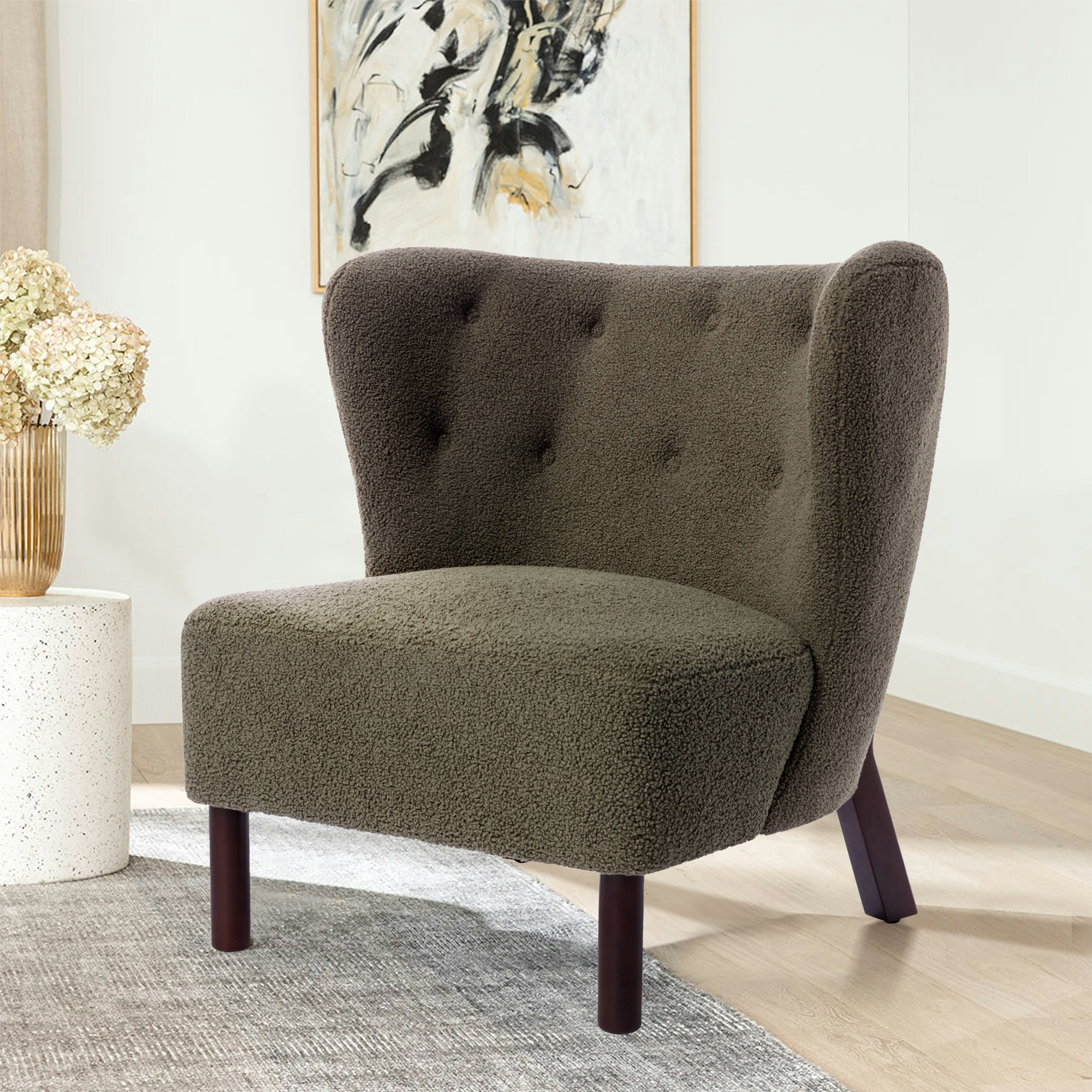 Miniyam Sherpa Boucle Accent Chair with Wooden Legs,Round Upholstered Armless Chair for Small Spaces,Reading Chair,Green