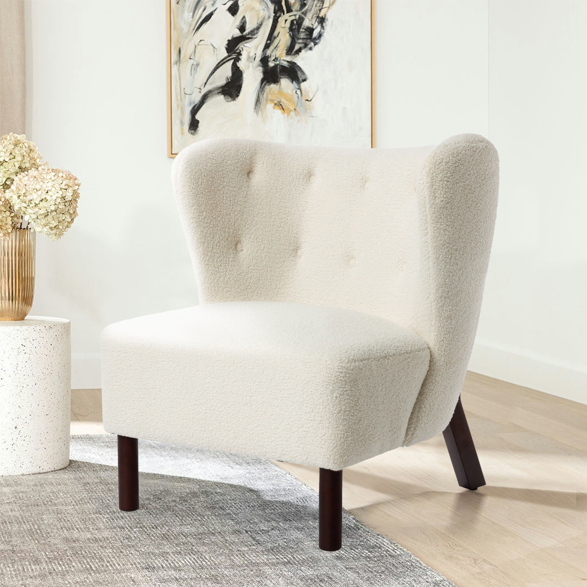 Miniyam Sherpa Boucle Accent Chair with Wooden Legs Round Upholstered Armless Chair for Small Spaces Reading Chair White
