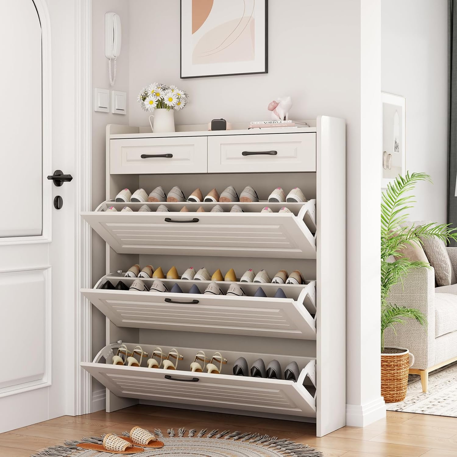 Miniyam Shoe Cabinet, Flip Down Shoe Rack with Drawers, Freestanding ...