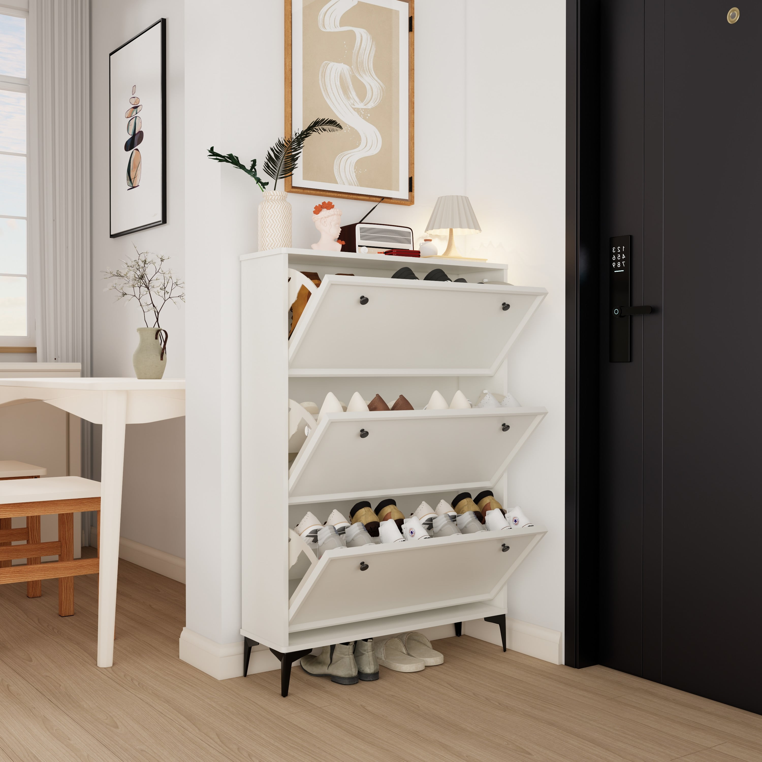 Miniyam Shoe Cabinet, Flip Down Storage Organizer for Entryway, White
