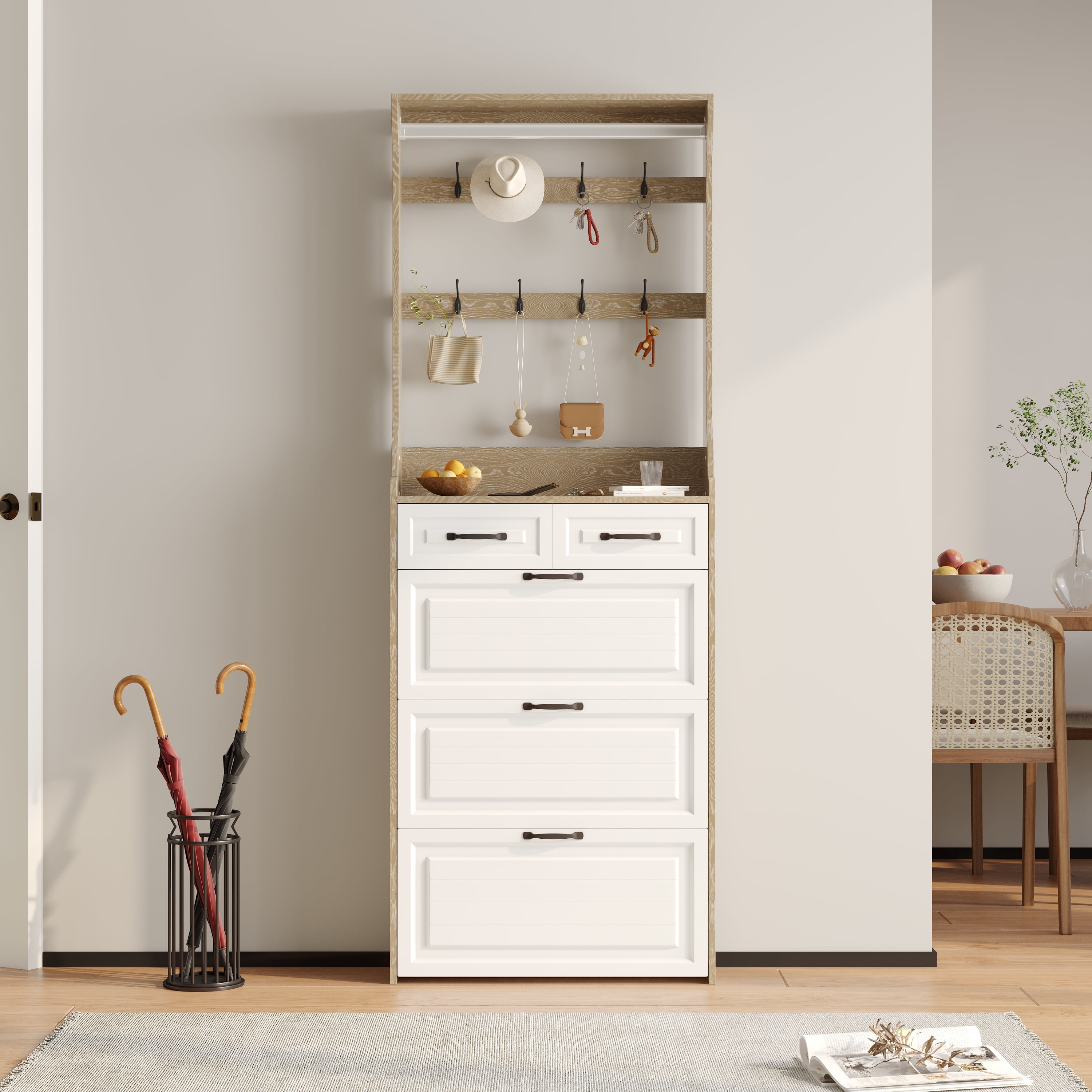 Miniyam 3-Tier Shoe Storage Cabinet, Flip Down Rack with 2 Drawers & Hooks for Entryway, Oak