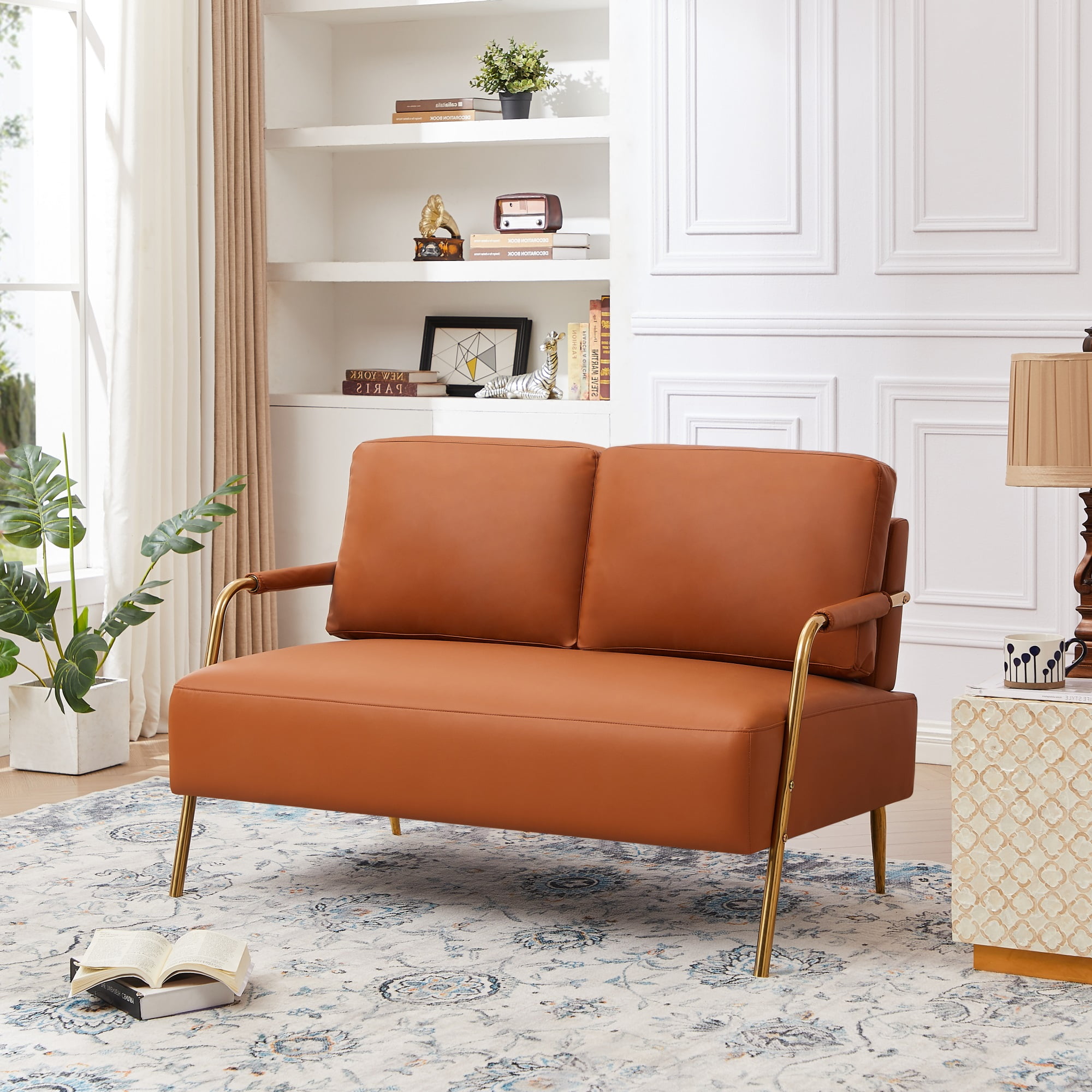 Miniyam Small Upholstered Lovesea,2-seater Couch with Removable Back Cushion and Metal Leg,Brown