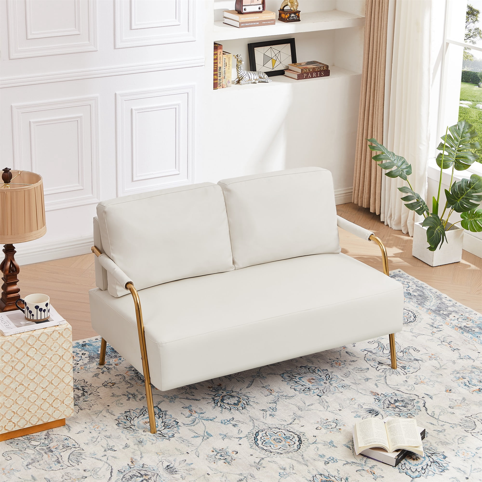 Miniyam Small Upholstered Lovesea,2-seater Couch with Removable Back Cushion and Metal Leg,White