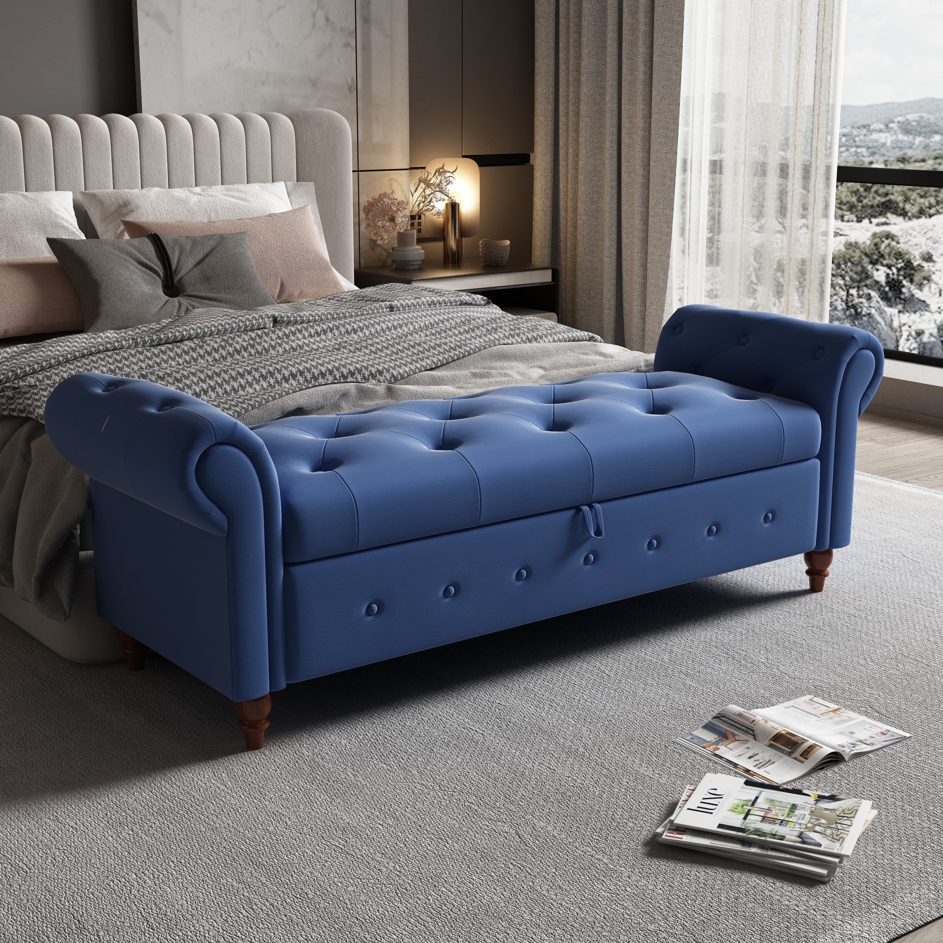 Miniyam 63" Storage Ottoman Bench with Rolled Arms, Button Tufted End of Bed Bench for Bedroom, Blue