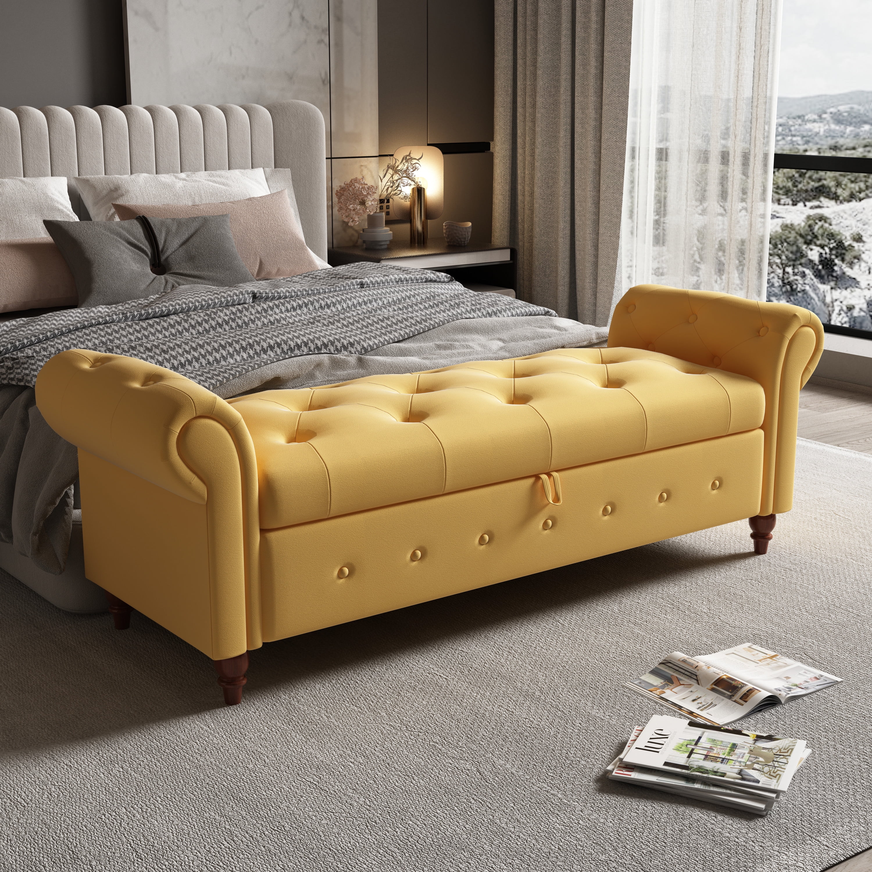 Miniyam 63" Storage Ottoman Bench with Rolled Arms, Button Tufted End of Bed Bench for Bedroom, Yellow