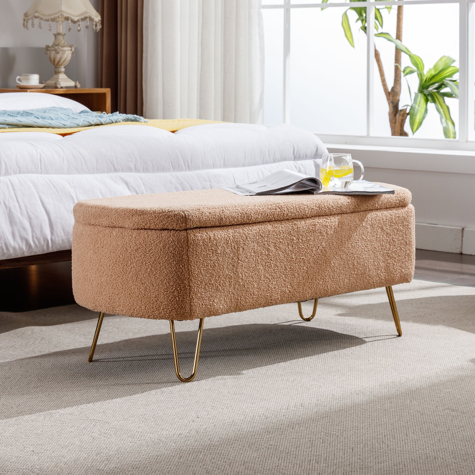 Miniyam 15.5"H Storage Bed Bench with Gold Legs for Bedroom, Entryway, Camel