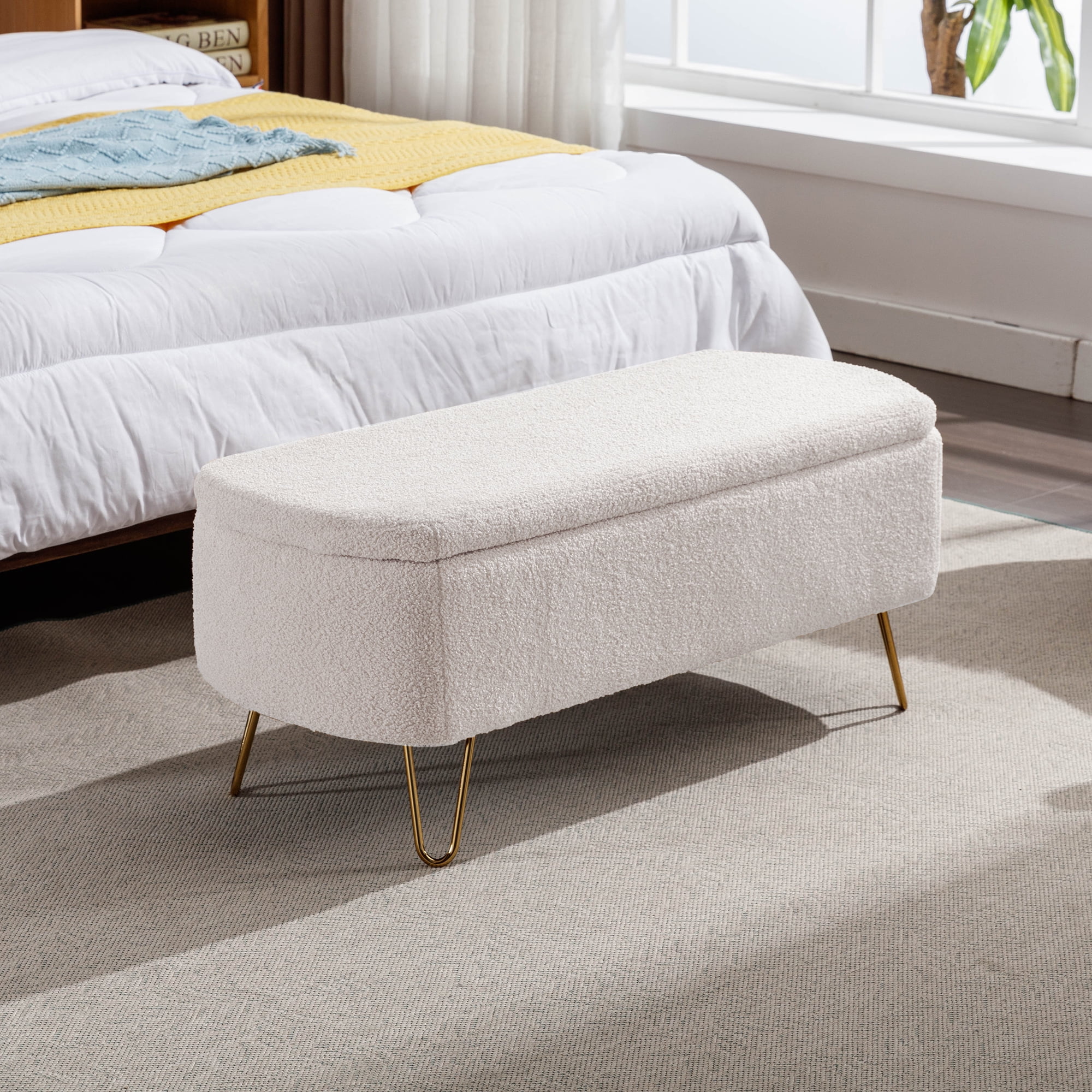 Miniyam 15.5"H Storage Bed Bench with Gold Legs for Bedroom, Entryway, White