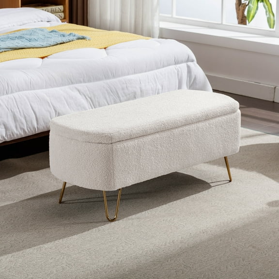 Miniyam 15.5"H Storage Bed Bench with Gold Legs for Bedroom, Entryway, White