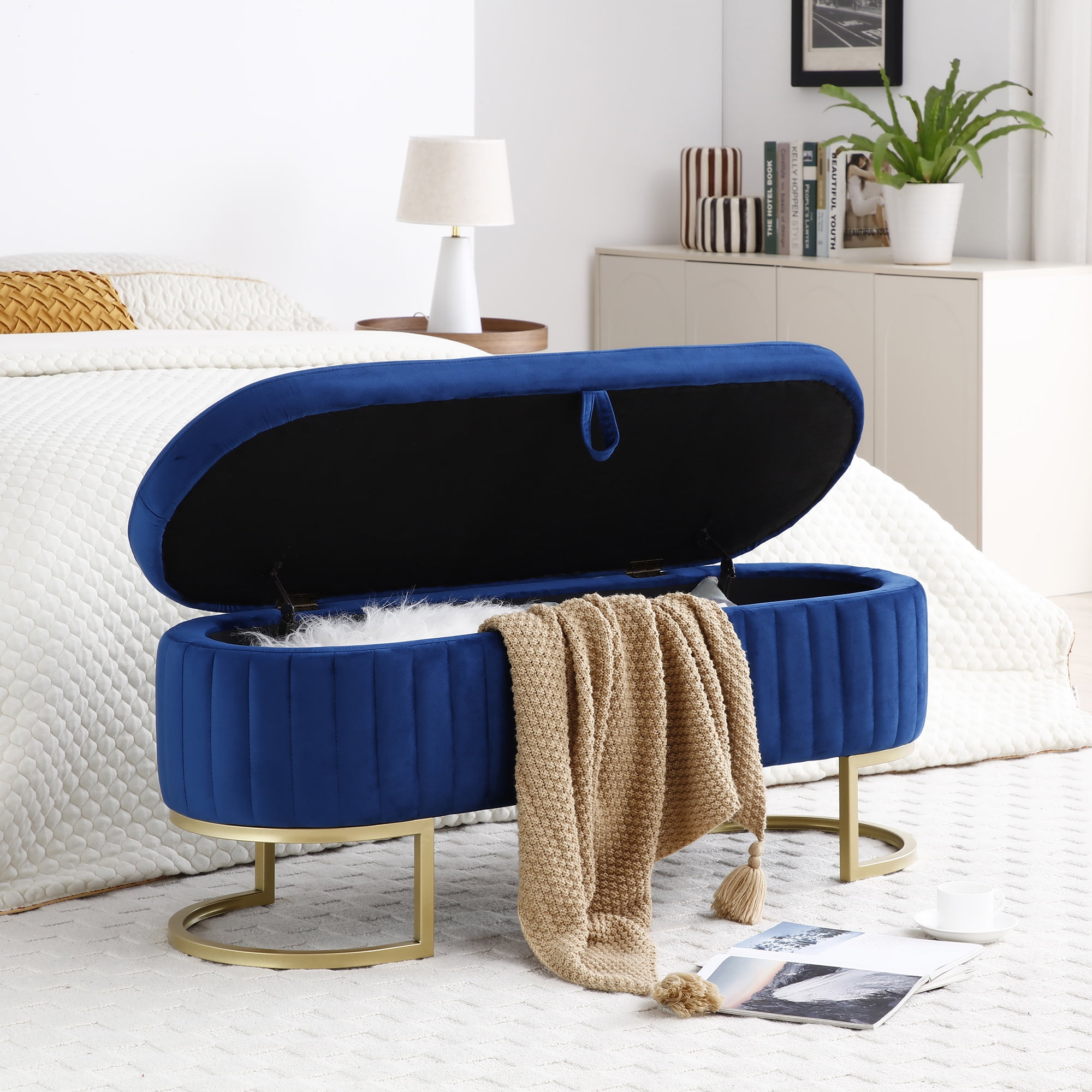 Miniyam Storage Bench Bedroom Bench Velvet Oval Upholstered End of Bed Bench with Golden Metal Legs Modern Storage Ottoman Bench Blue