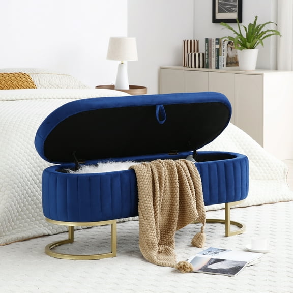 Miniyam Storage Bench Bedroom Bench, Velvet Oval Upholstered End of Bed Bench with Golden Metal Legs,Modern Storage Ottoman Bench,Blue