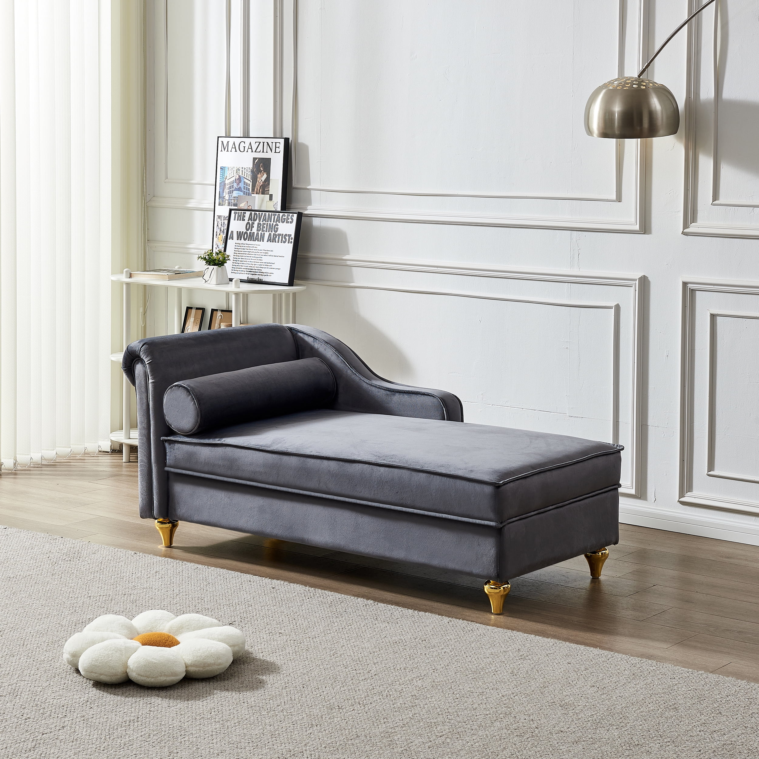 Miniyam Storage Chaise Lounge, Velvet Upholstered Sofa Recliner Lounge Chair with Pillow for Living Room Bedroom, Gray
