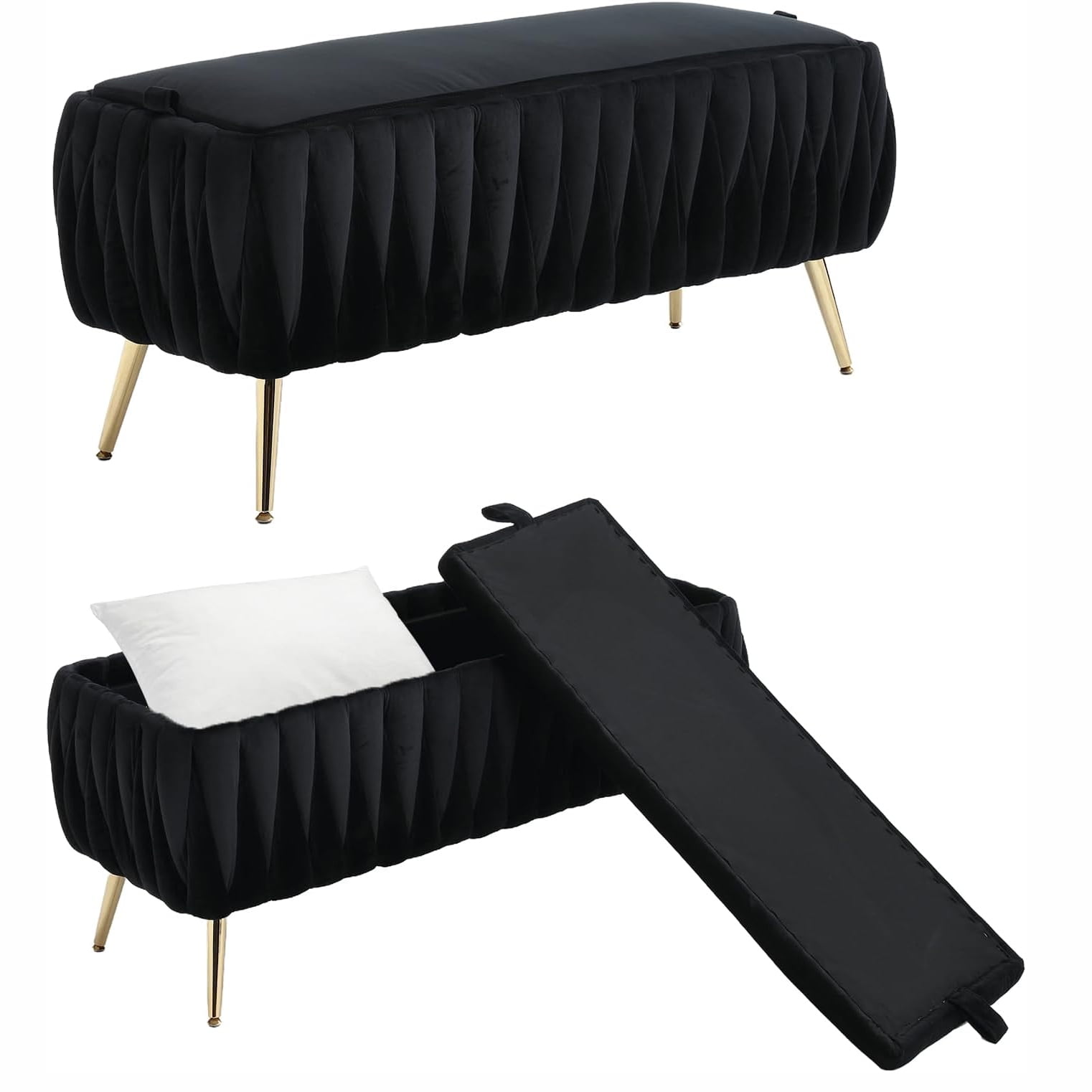 Miniyam Storage Ottoman, Velvet End of Bed Storage Bench with Gold Legs for Living Room