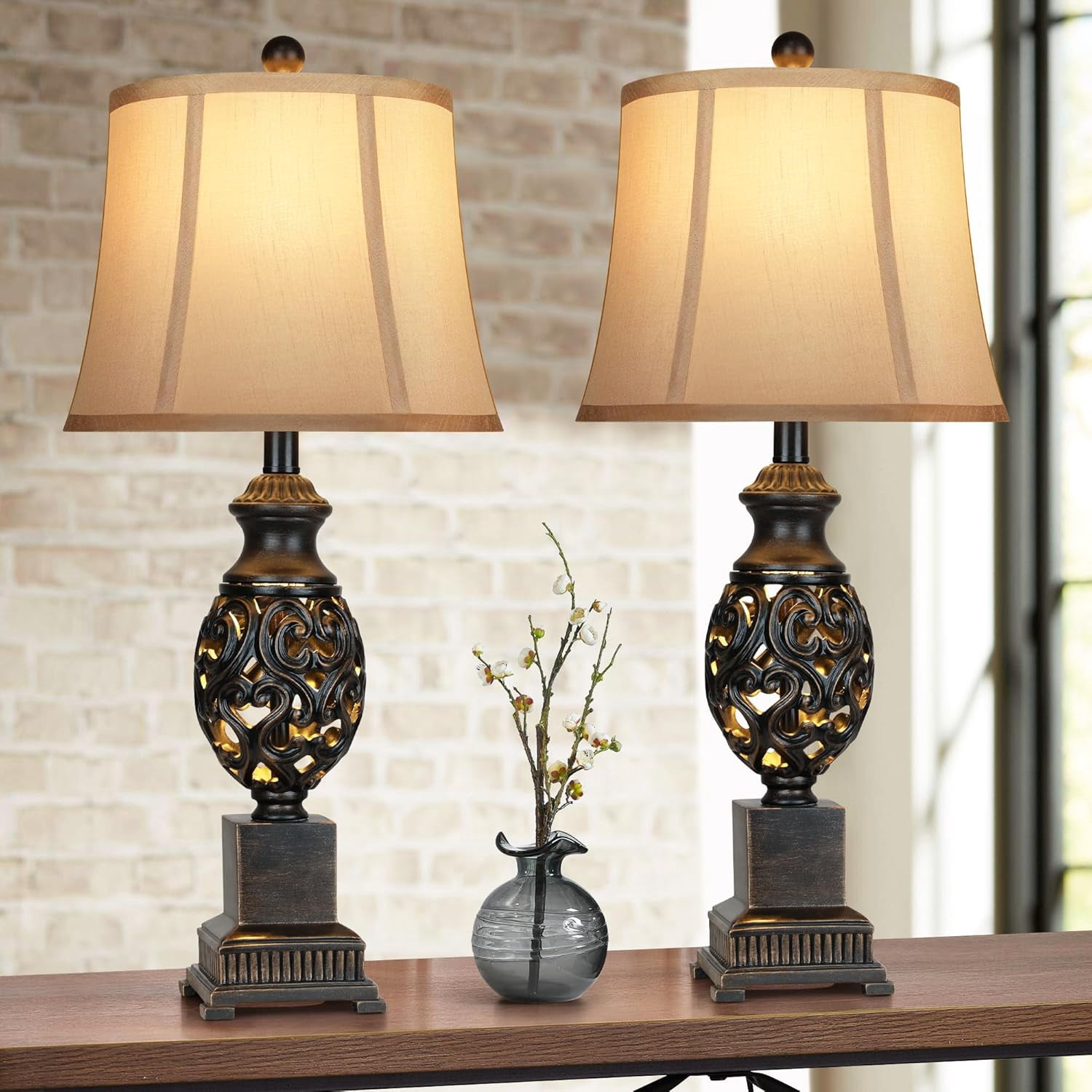 Miniyam Table Lamps Set of 2, 28" Tall Bedside Lamp with Nightlight, Rustic Farmhouse Nightstand Lamps with Linen Shades for Living Room Bedroom End Table(Black)