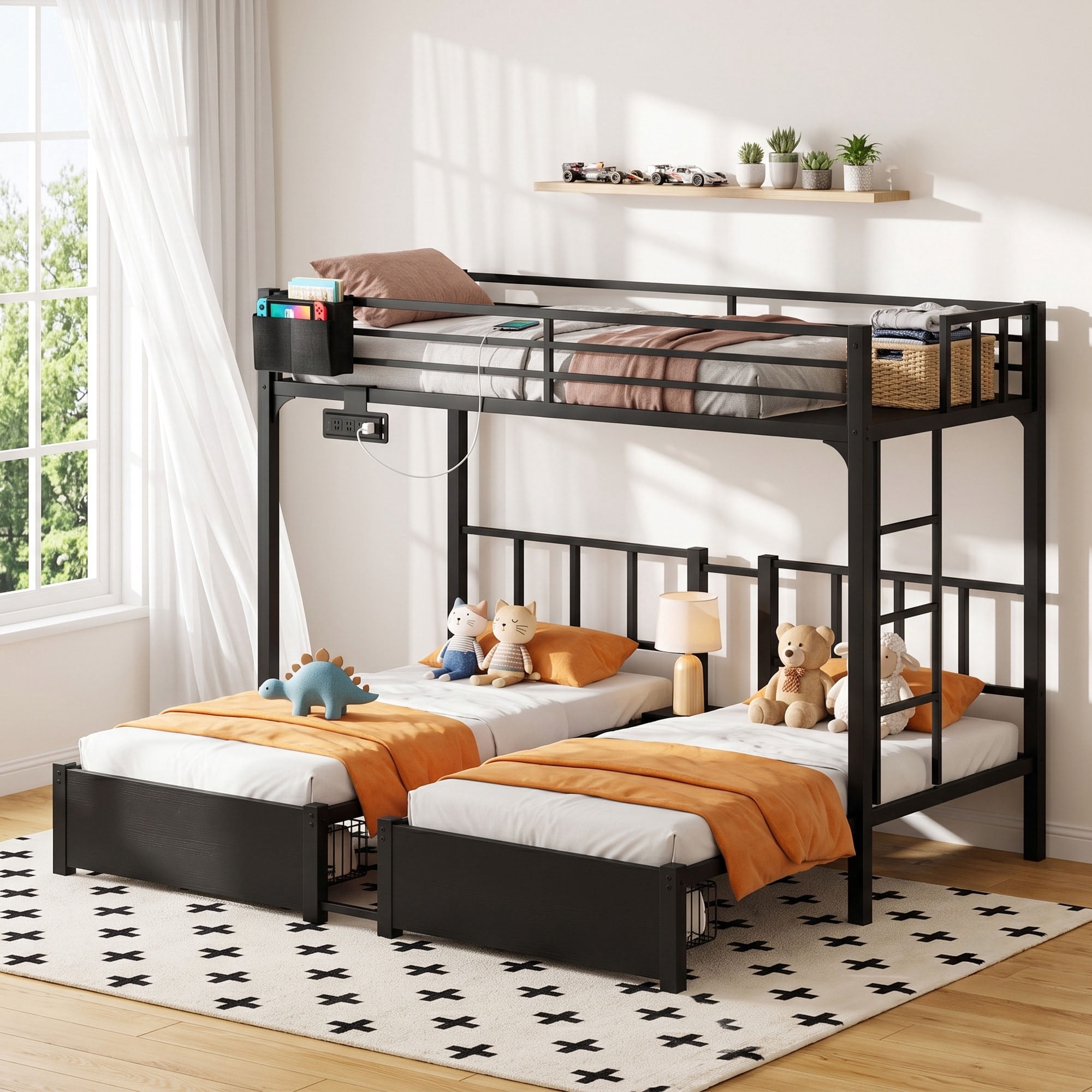 Miniyam Triple Bunk Bed with 2 Storage Drawers, Twin Over Twin Over Twin XL, LED Light and Power Strip, Black