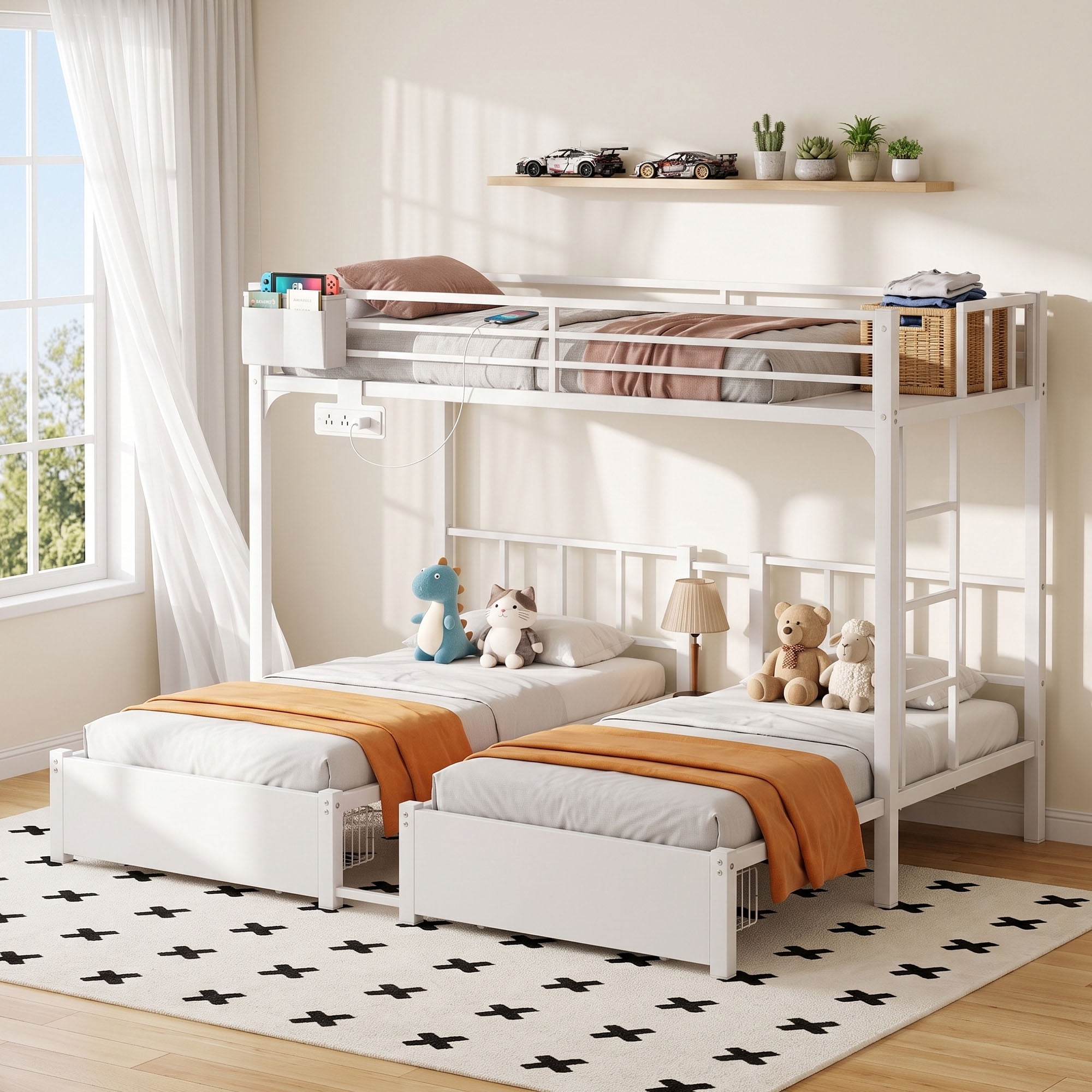 Miniyam Triple Bunk Bed with 2 Storage Drawers, Twin Over Twin Over Twin XL, LED Light and Power Strip, White