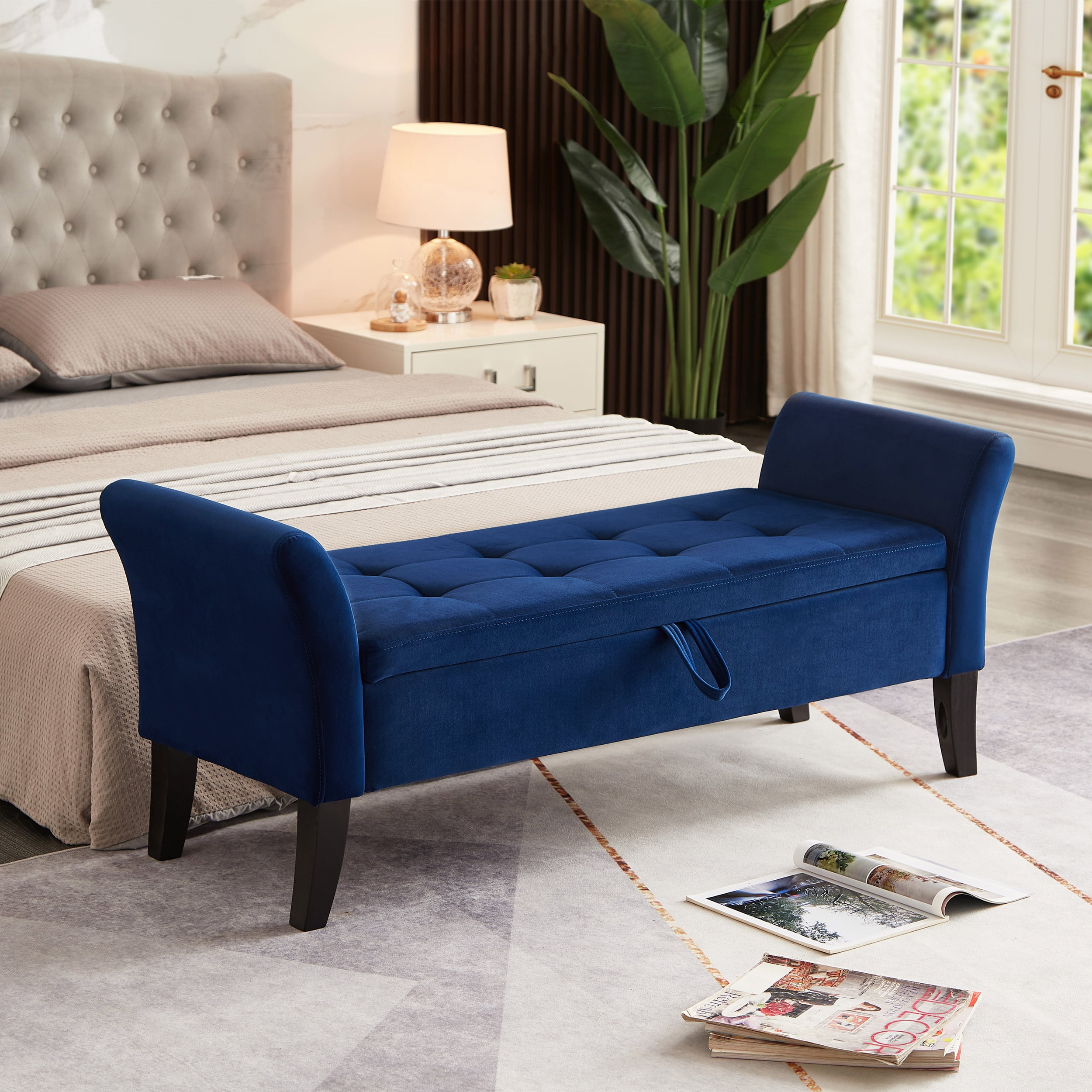 Miniyam Tufted Polyester Ottoman Bench with Cushioned Padded Seat, Blue