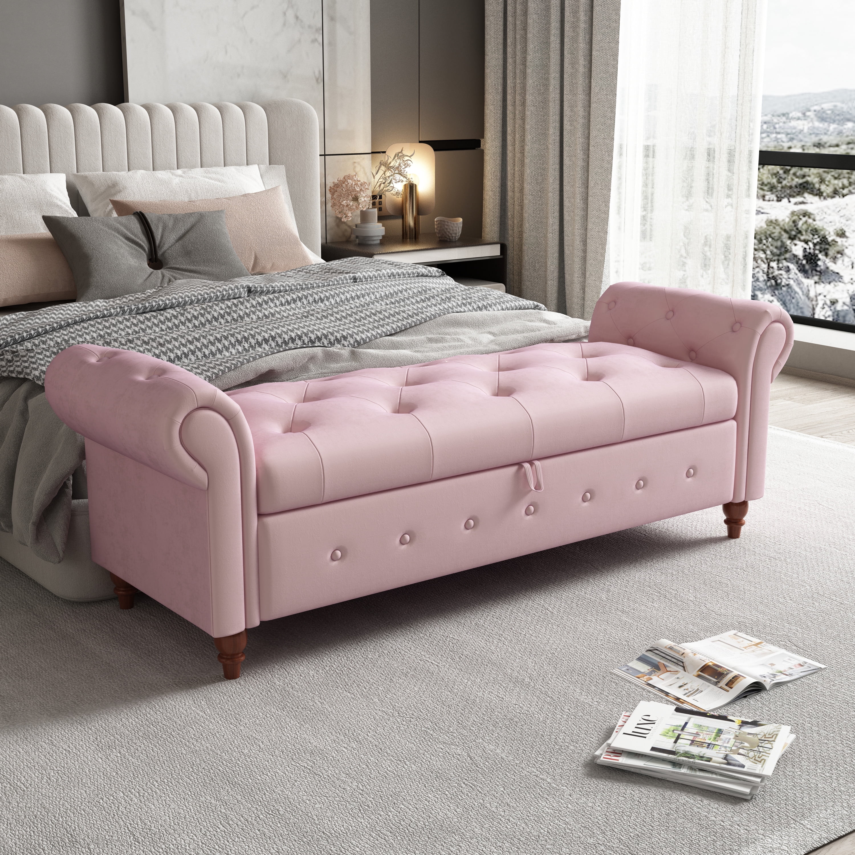 Miniyam 63" Storage Ottoman Bench with Rolled Arms, Button Tufted End of Bed Bench for Bedroom,