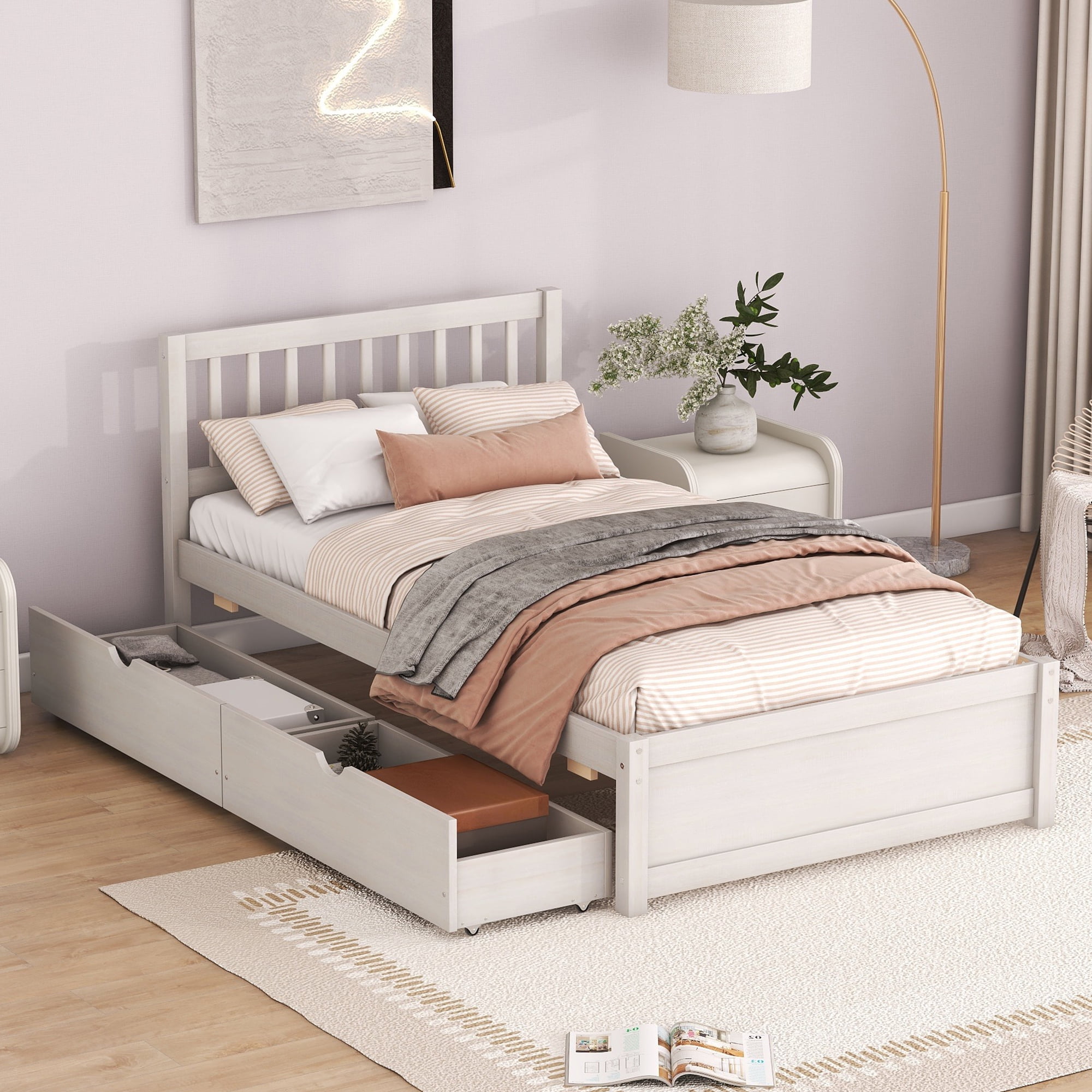 Miniyam Wood Twin Bed with Storage Drawers for Kids White