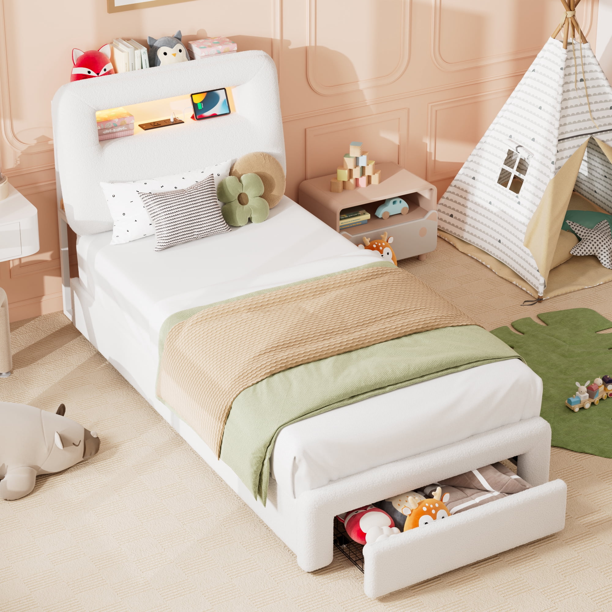 Miniyam Twin Bed with Storage Drawer, Sherpa Upholstered Headboard, LED Light & USB Charging for Kids