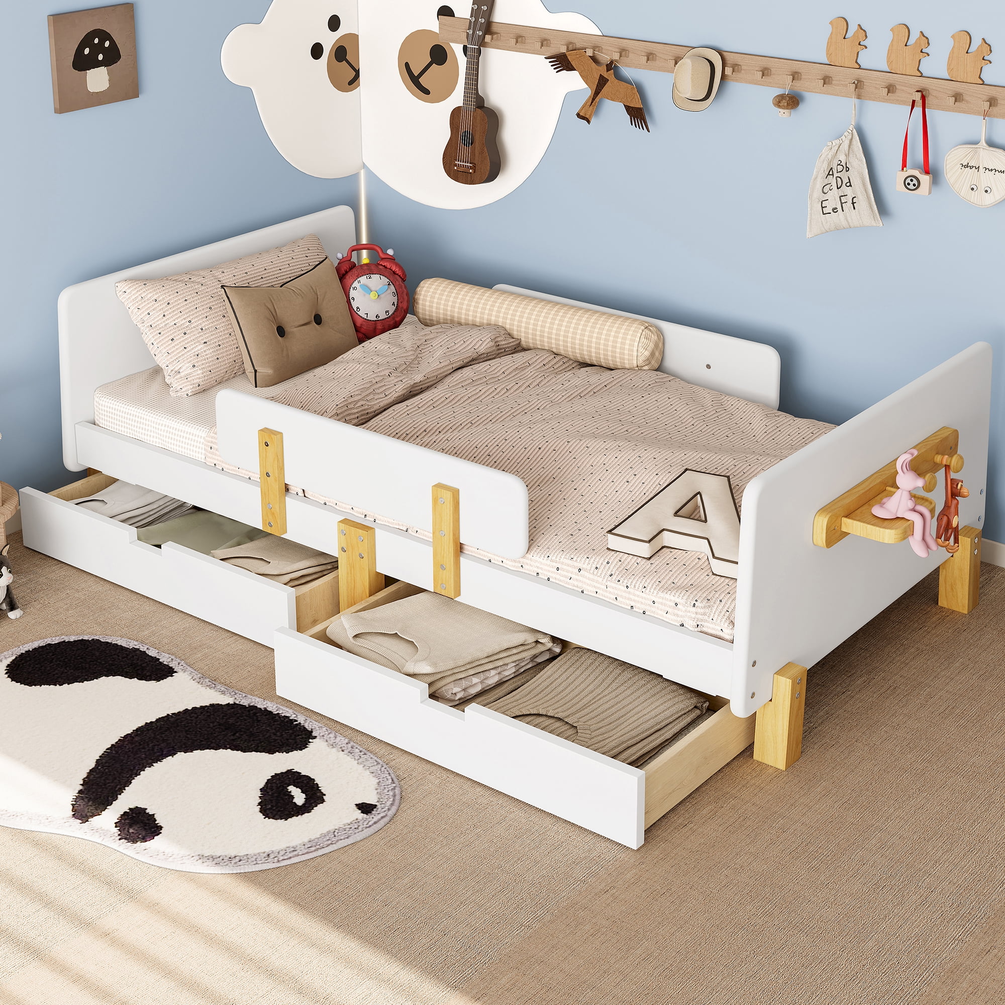 Miniyam Twin Bed with Storage Drawers, Guardrails, Footboard Shelf & Side Hooks for Kid, White
