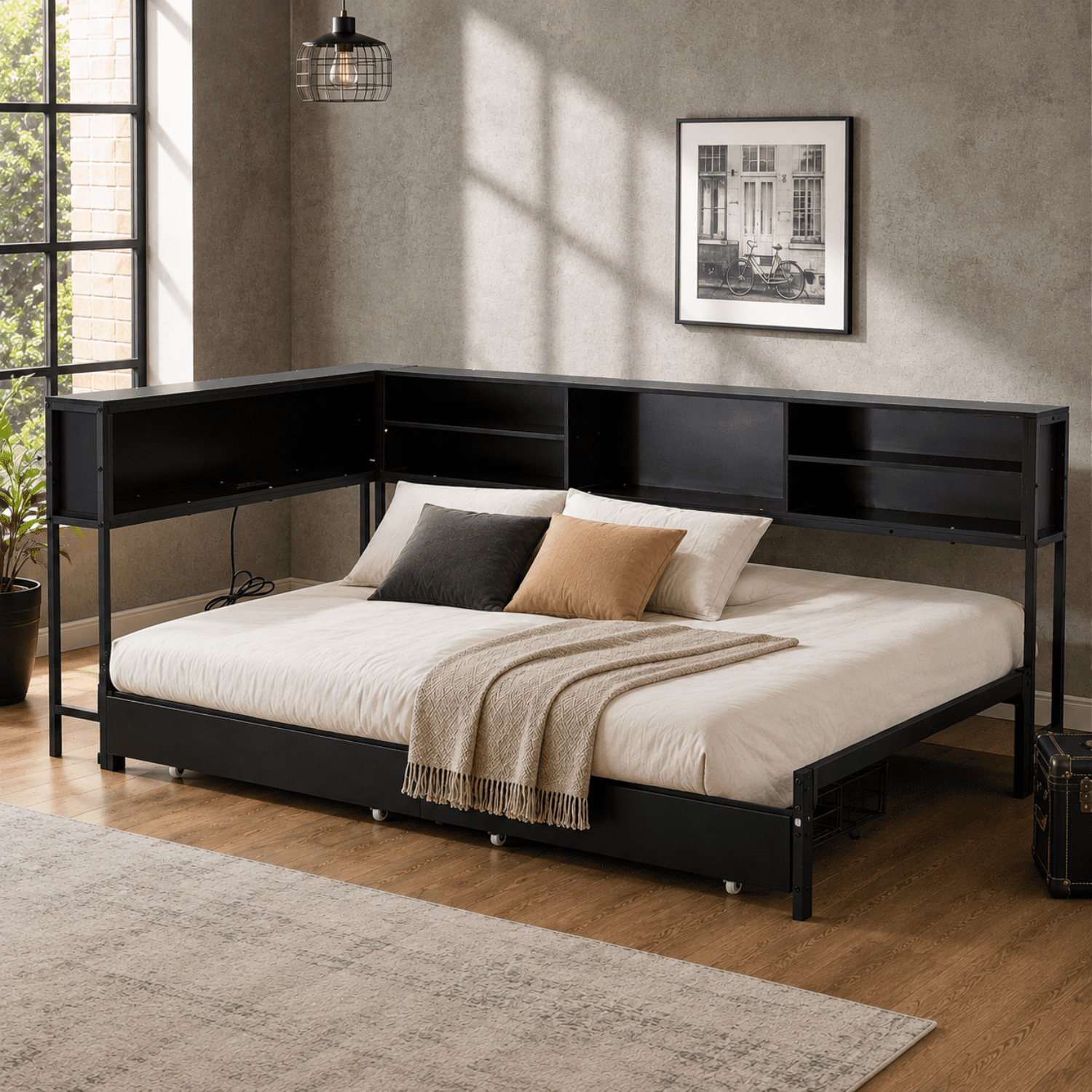 Miniyam Twin Daybed with 2 Storage Drawers, LED Lights & Charging Station, Black