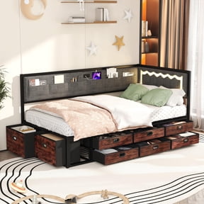 Miniyam Twin Daybed with Storage Drawers, Charging Station and LED Light, Reversible Upholstered Corner Bed Frame