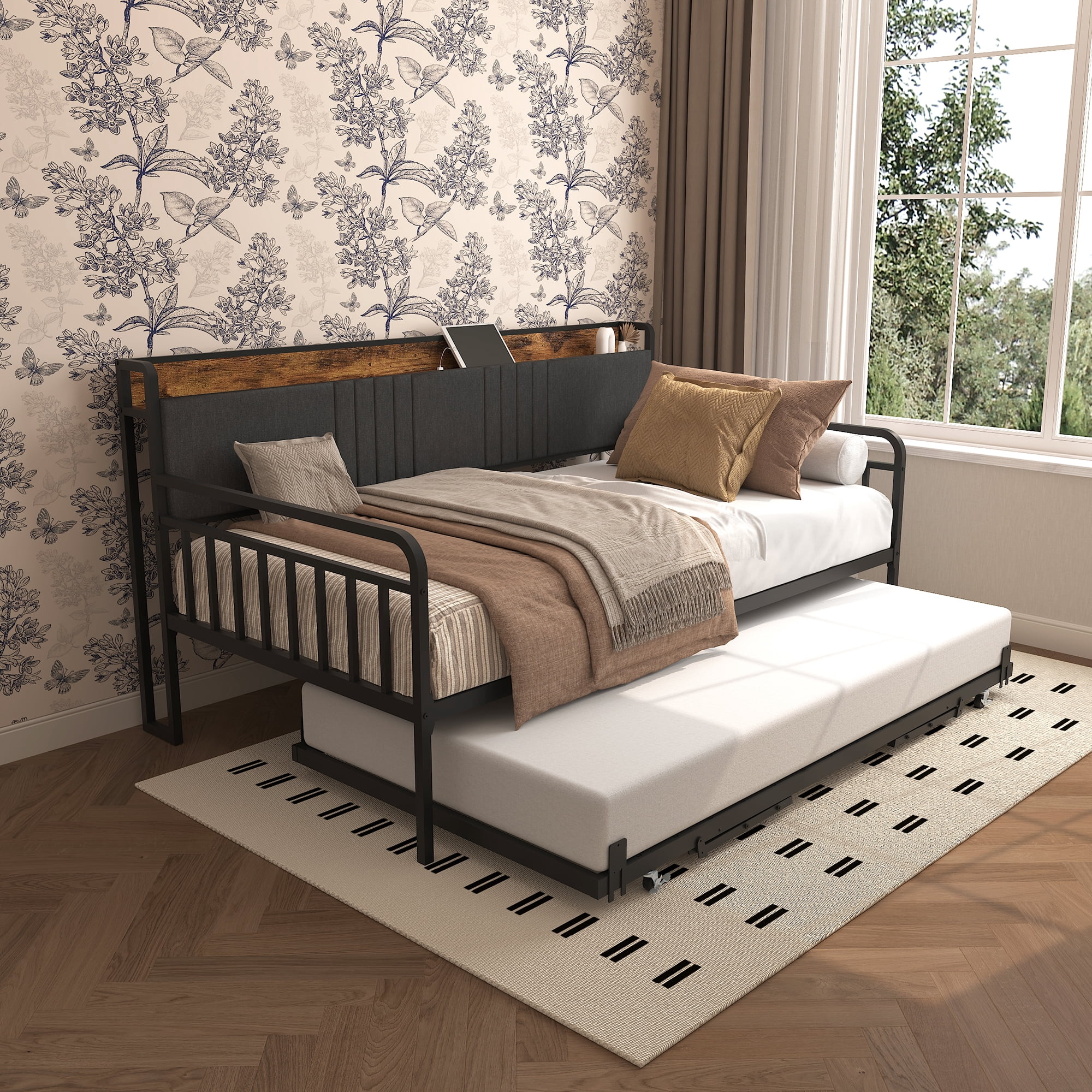 Miniyam Twin Daybed with Trundle, Metal Frame Upholstered Headboard with USB Charging Port & RGB LED Lights, Pull-Out Guest Bed with Lockable Caster