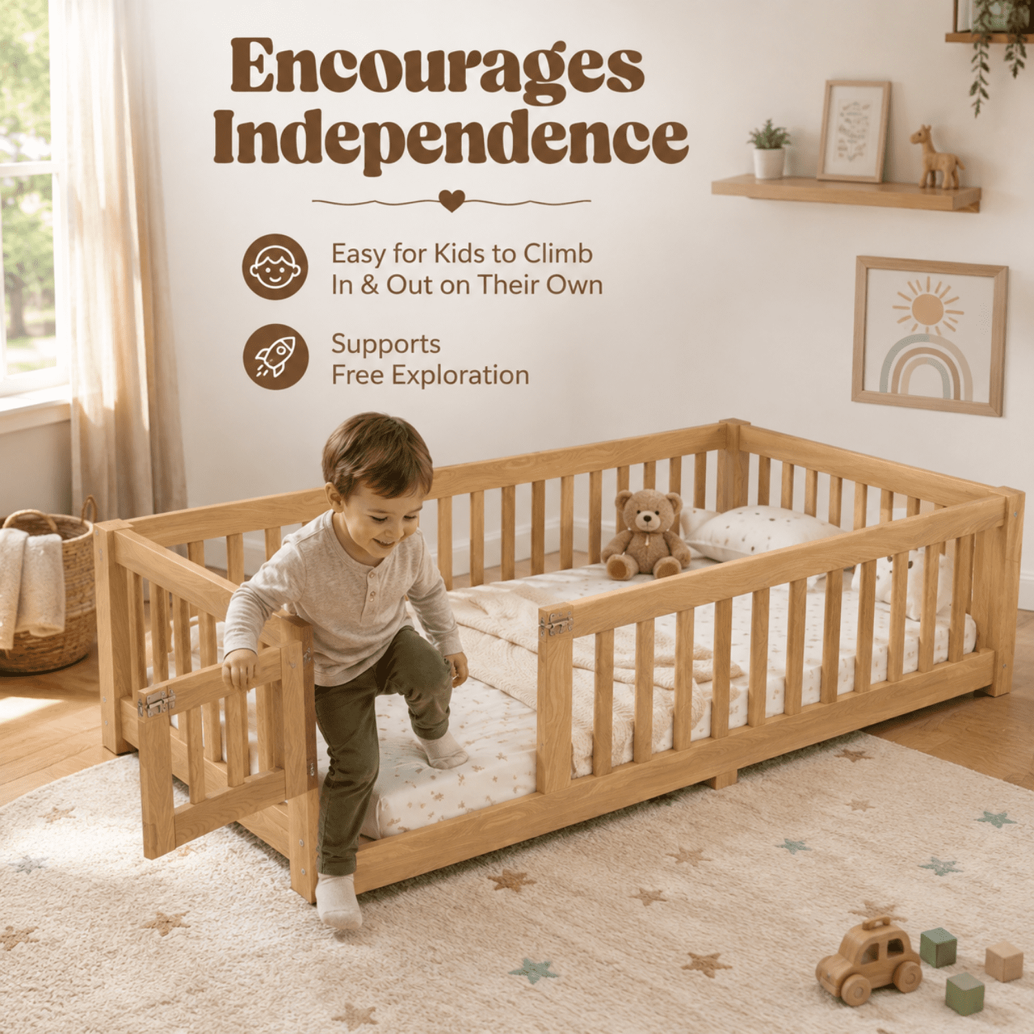 Miniyam Twin Floor Bed for Kids – Low Profile Wood Bed Frame with Rails, Natural
