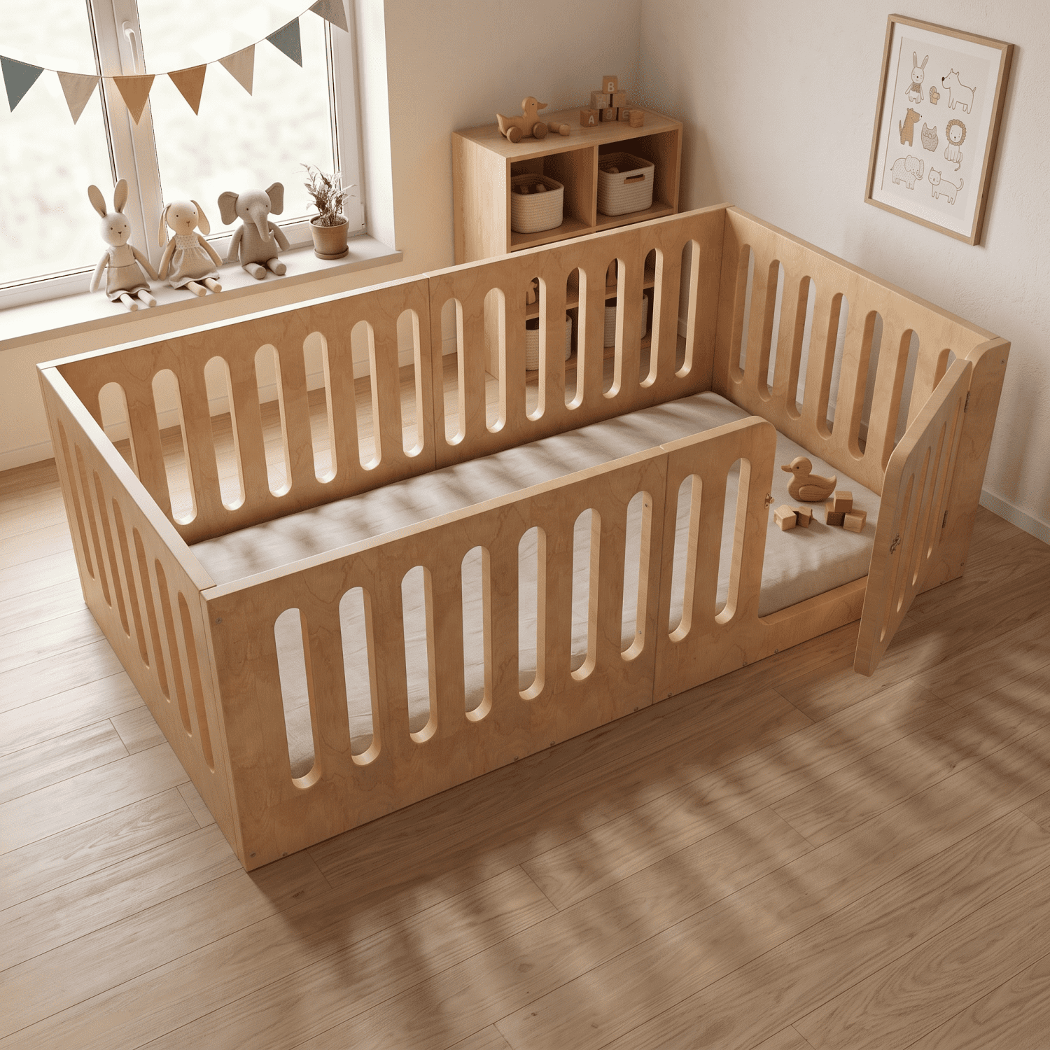 Miniyam Twin Floor Bed for Kids with Door and Guardrails, Low-Profile Wood Bed Frame, Natural
