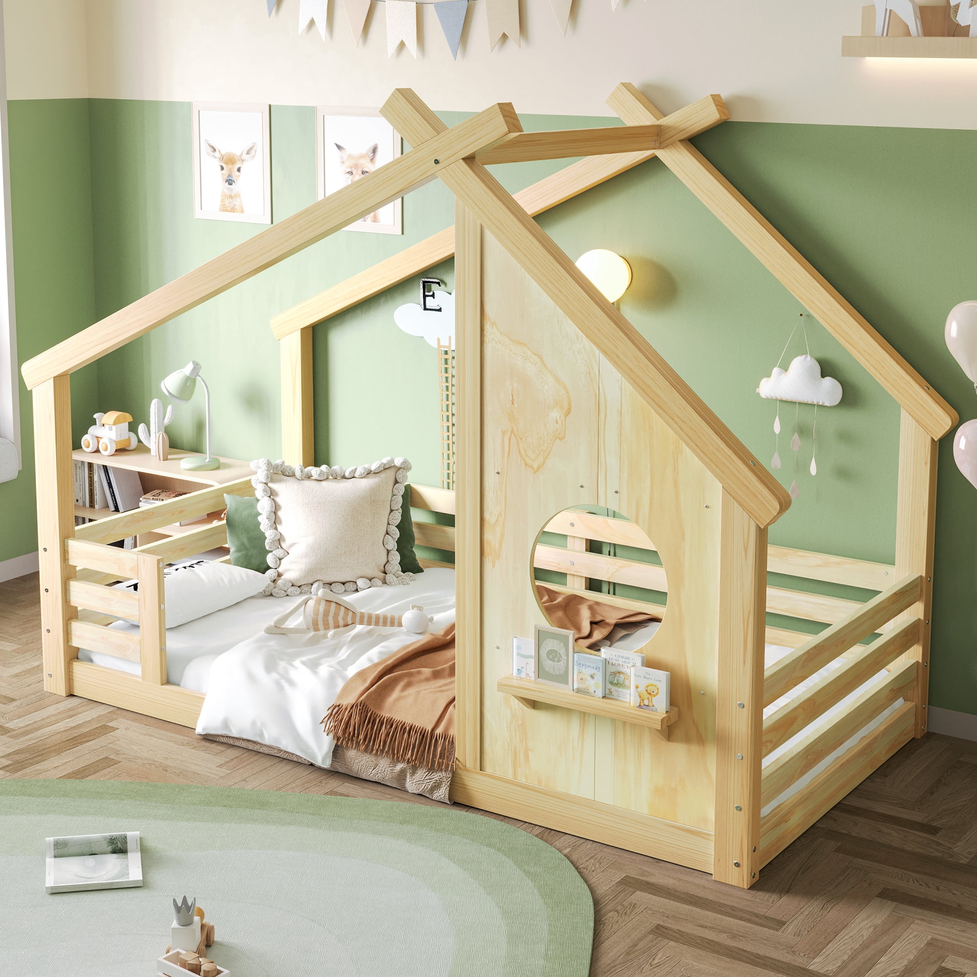 Miniyam Twin Floor Bed for Kids with Guardrails and Roof, Montessori House Bed Frame, Natural