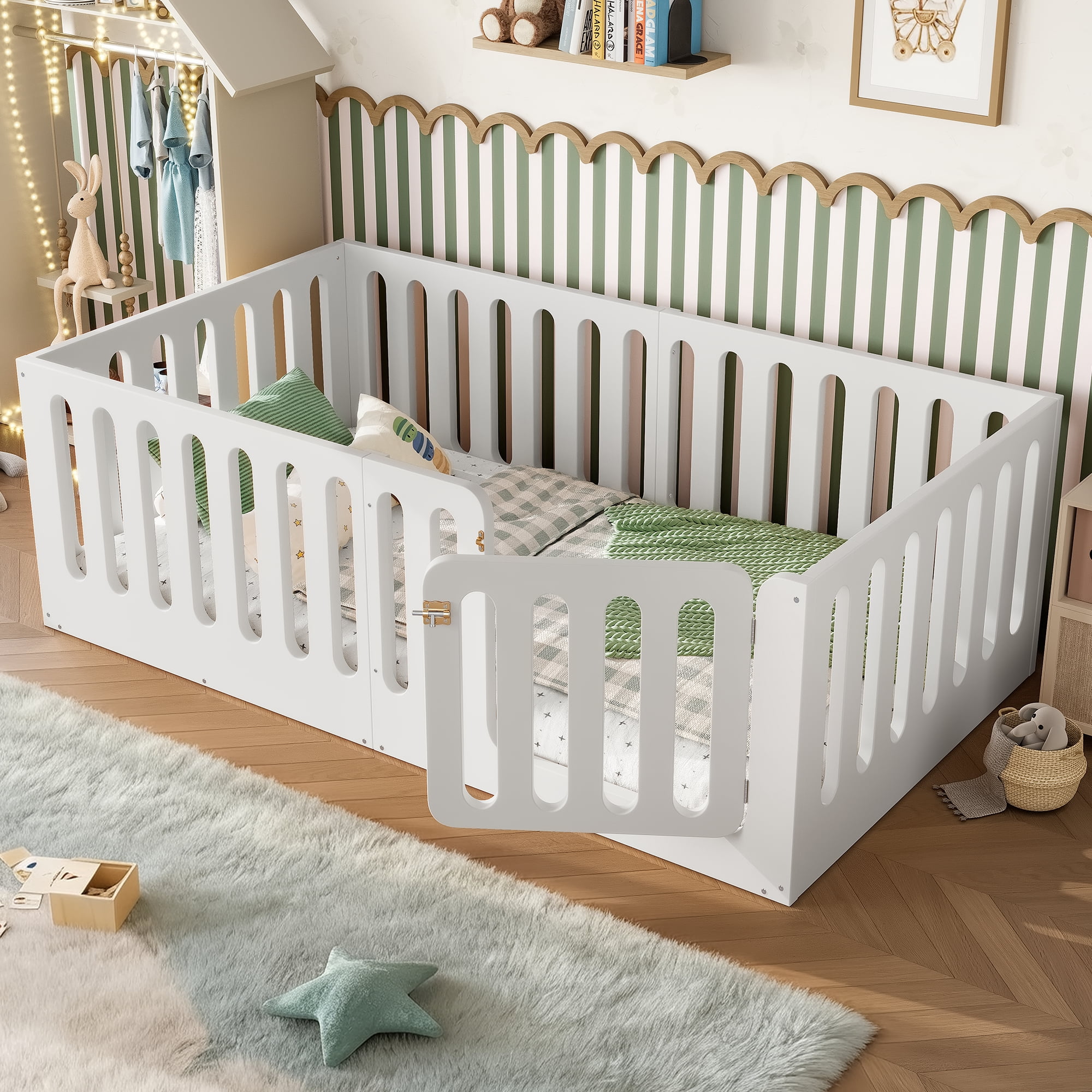 Miniyam Twin Floor Bed with Door, Low Profile Kids Bed with Guardrails, Pine and Plywood, White