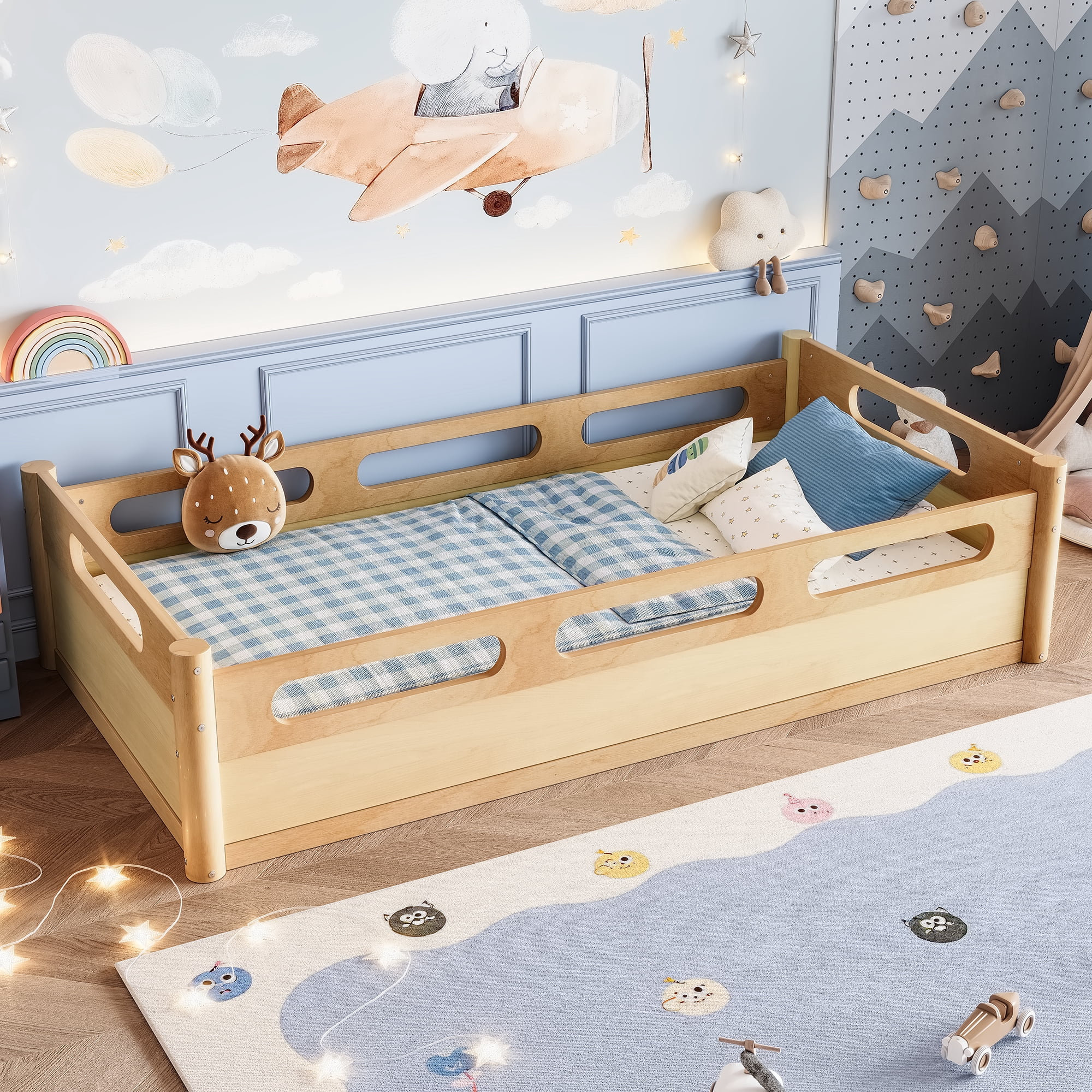 Miniyam Twin Floor Bed with Guardrails, Low Profile Wood Platform Bed Frame for Kids, Natural