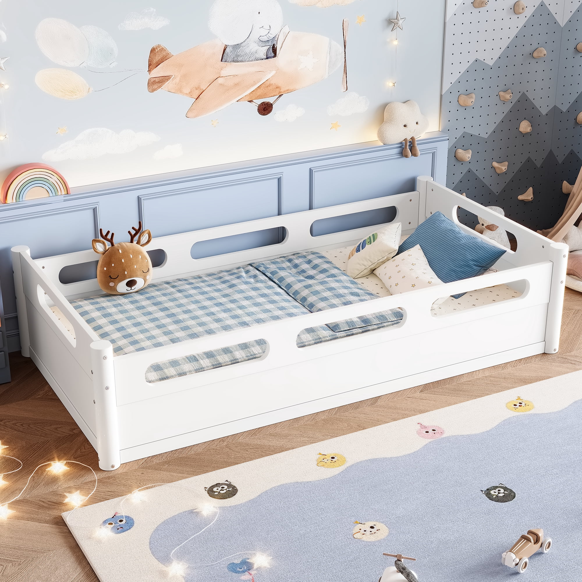 Miniyam Twin Floor Bed with Guardrails, Low Profile Wood Platform Bed Frame for Kids, White