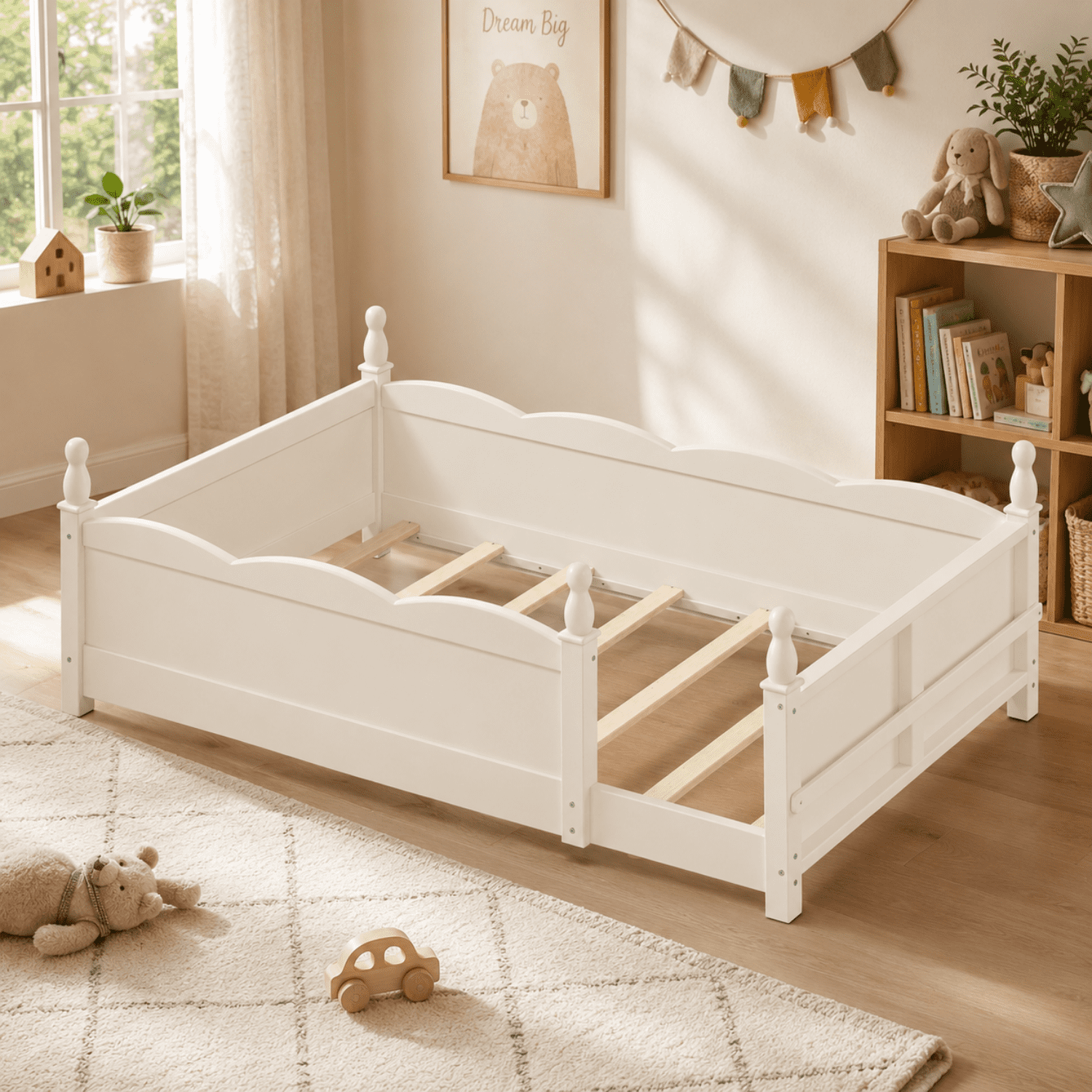 Miniyam Twin Floor Bed with Guardrails and Bookshelf, Kids Low Bed Frame for Bedroom, White