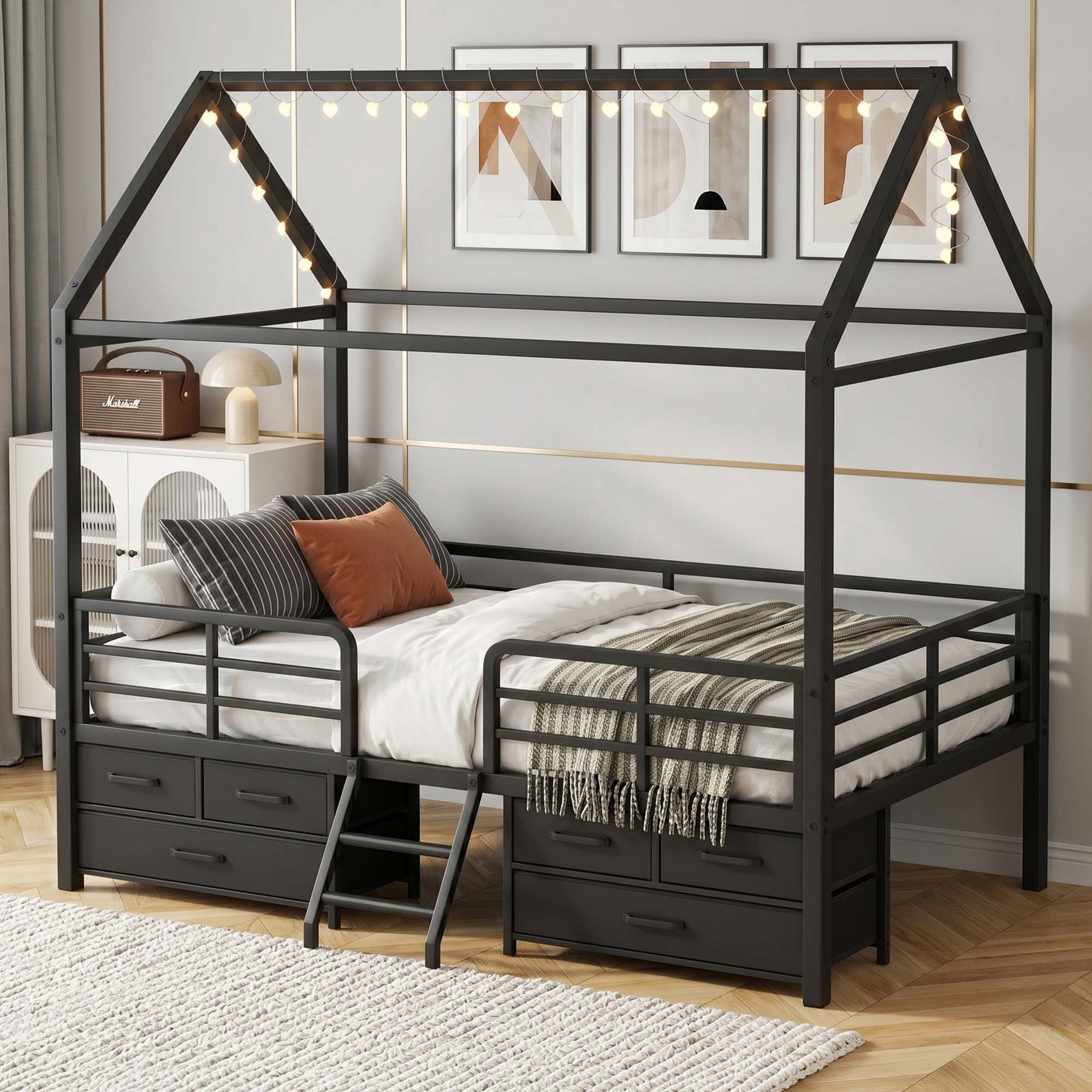 Miniyam Twin House Bed Frame with 6 Storage Drawers and Star Moon Lights, Metal Platform Bed, Black