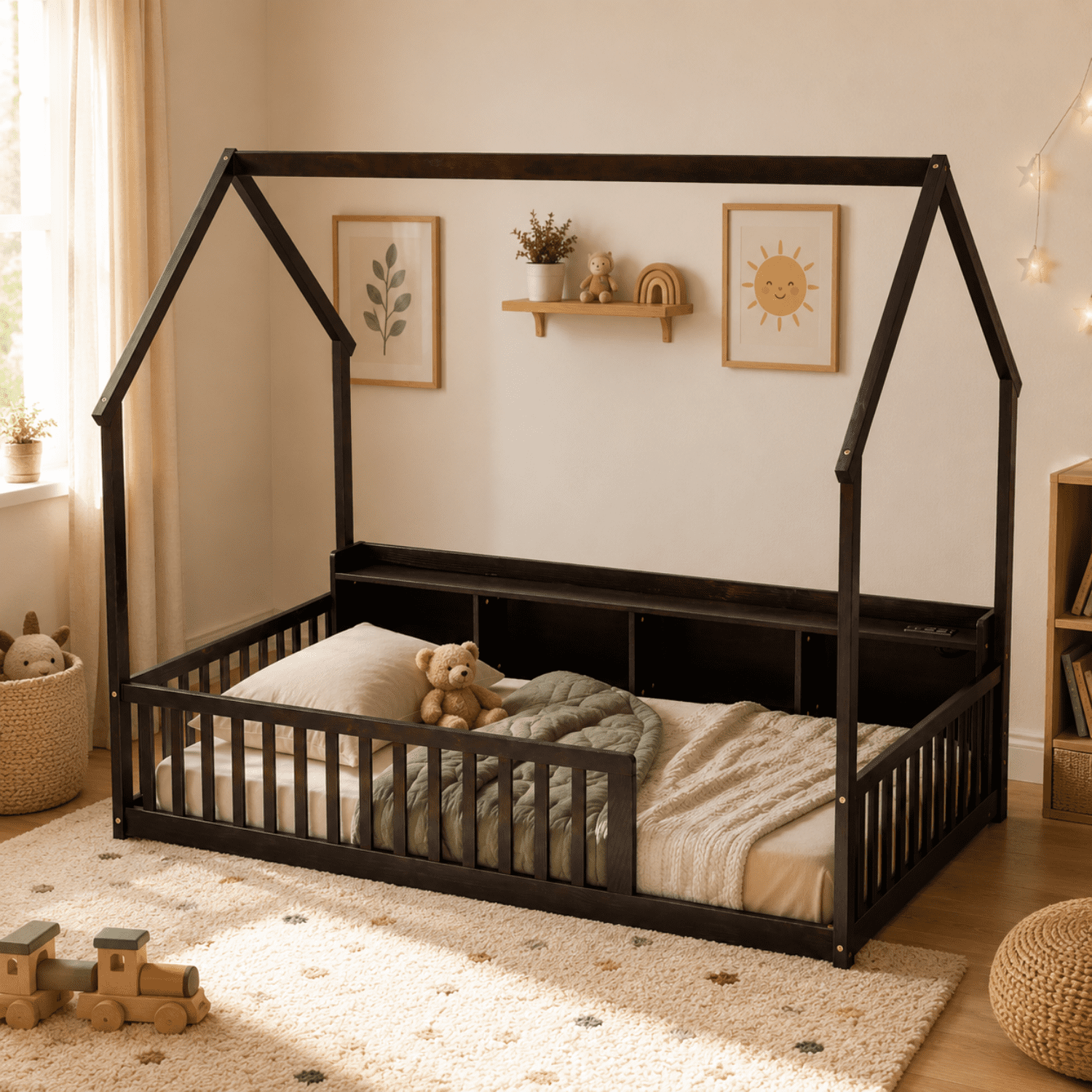 Miniyam Twin House Bed for Kids, Floor Bed with Storage, LED, Charging Station, Espresso