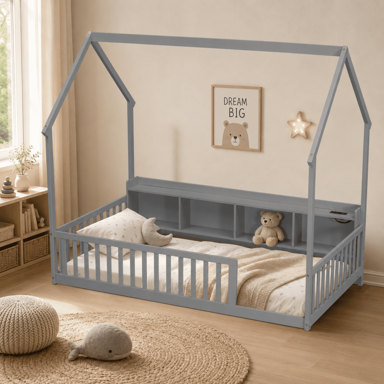 Miniyam Twin House Bed for Kids, Floor Bed with Storage, LED, Charging Station, Gray