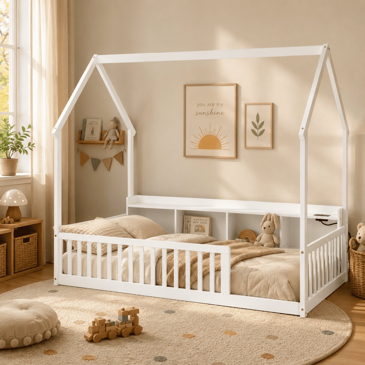 Miniyam Twin House Bed for Kids, Floor Bed with Storage, LED, Charging Station, White