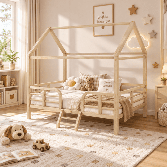 Miniyam Twin House Bed for Kids, Metal Frame with Wood-Look Finish, Guardrails and Ladder, Natural
