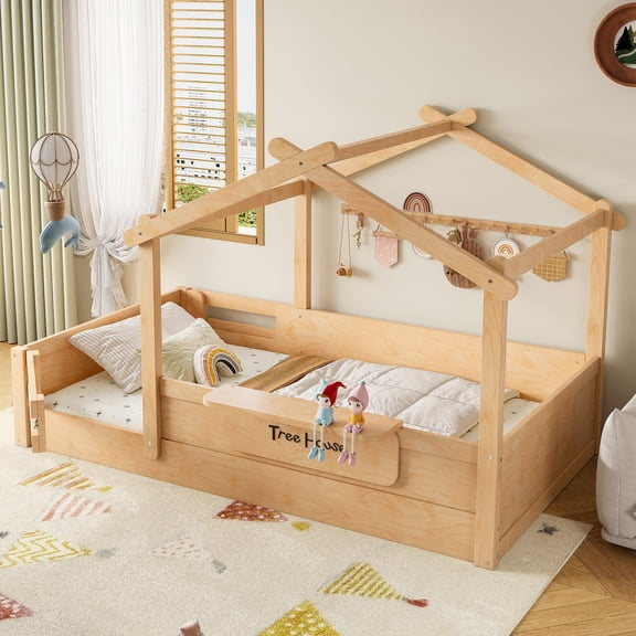 Miniyam Twin House Floor Bed with Fence and Door, Enclosed Kids Floor Bed Frame with Built-In Tray and Removable Signboard, Natural