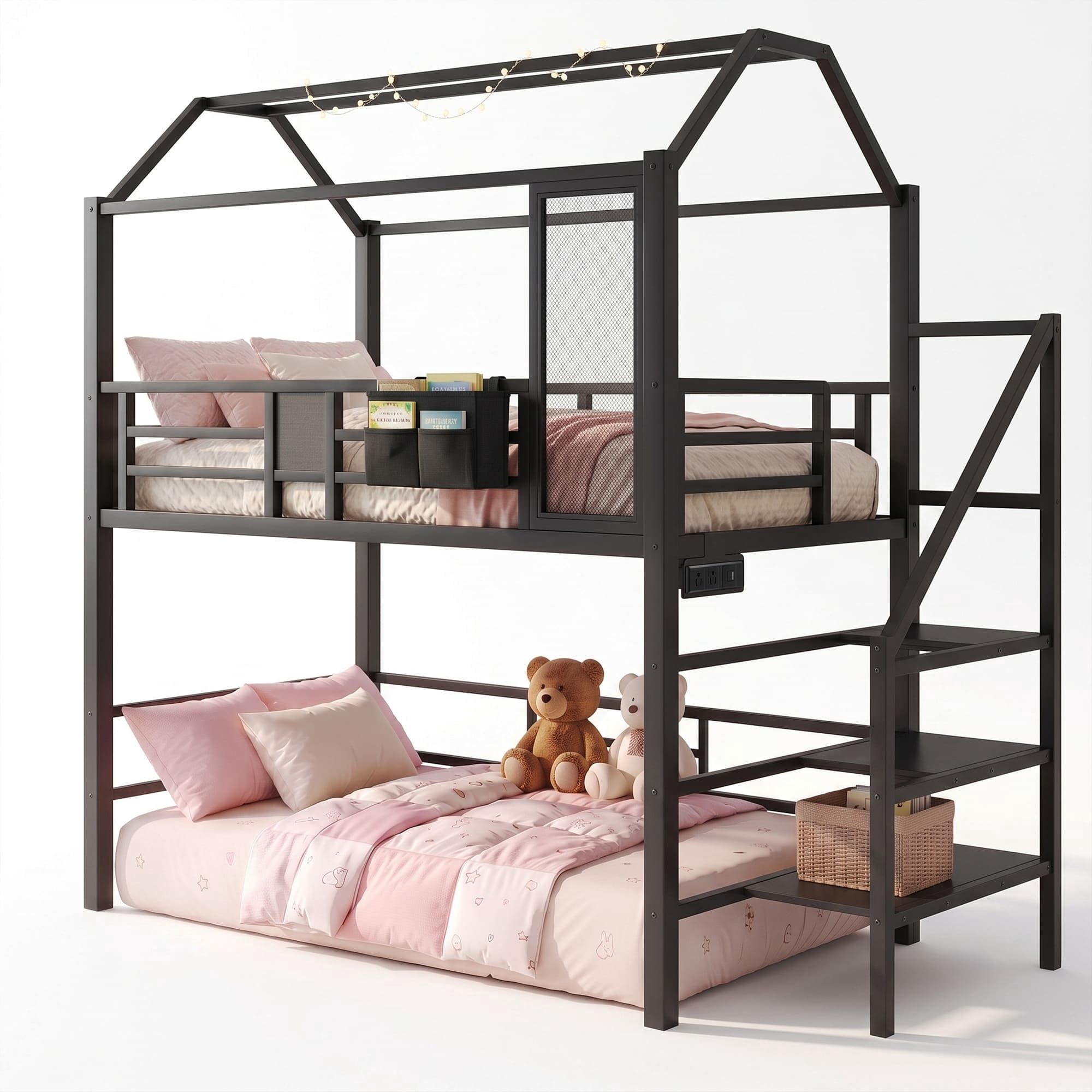 Miniyam Twin Size Bunk Bed with Stairs, House Bed Design with Charging Station and Storage Bag Led Light, Black