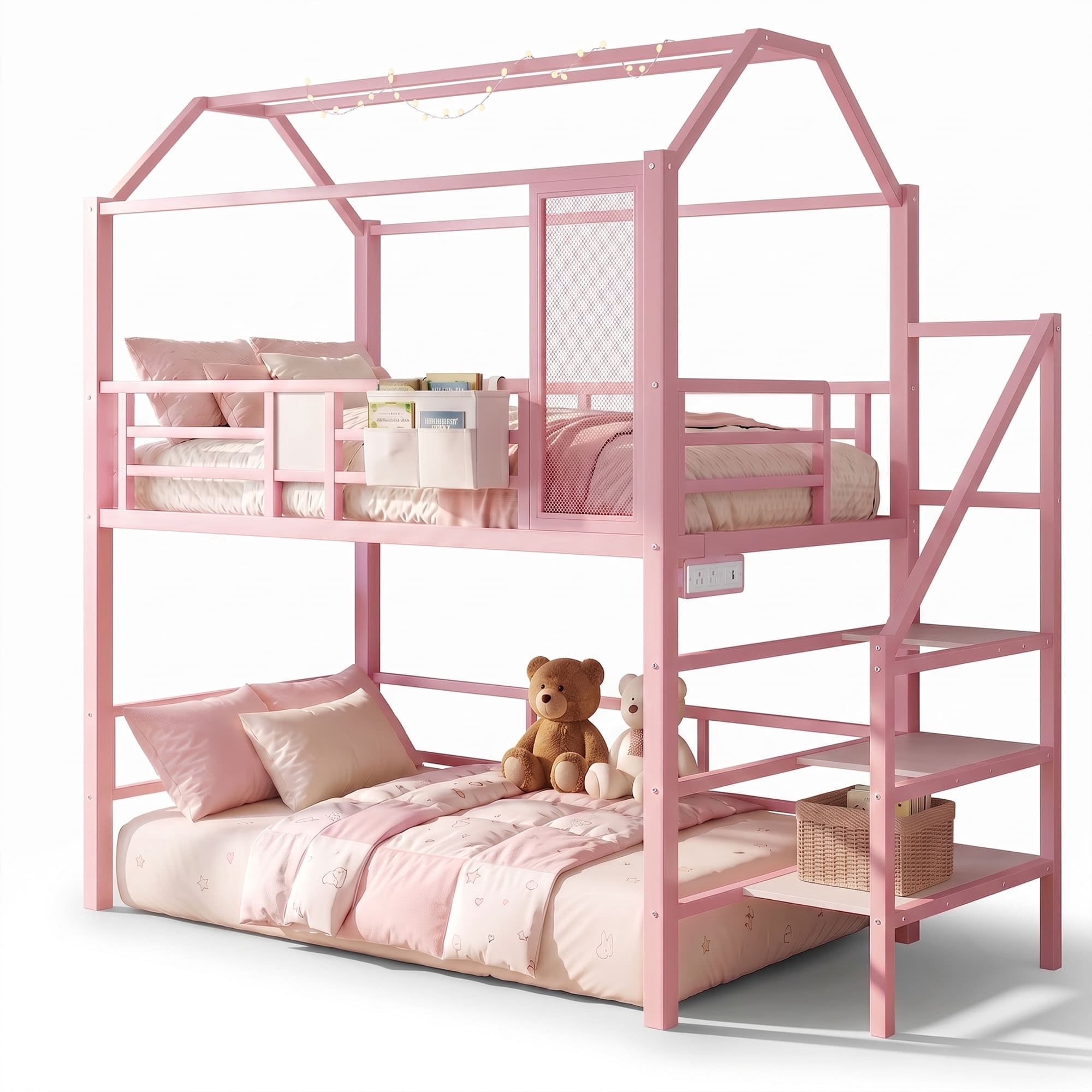 Miniyam Twin Size Bunk Bed with Stairs, House Bed Design with Charging Station and Storage Bag Led Light, Pink