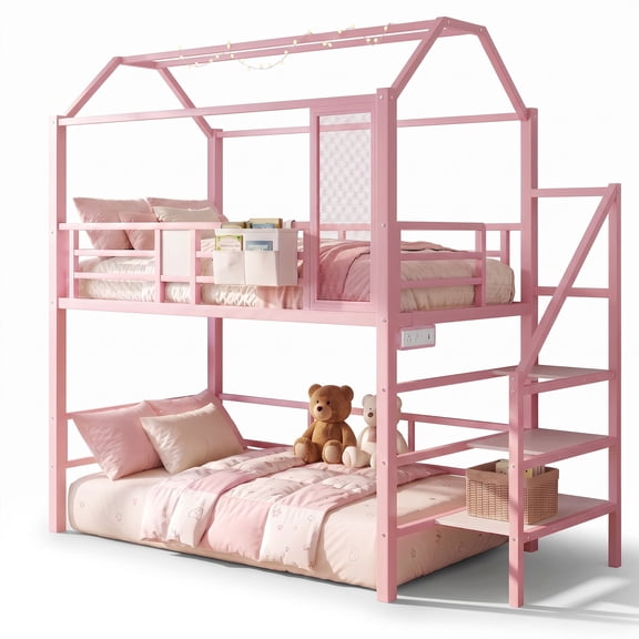 Miniyam Twin Size Bunk Bed with Stairs, House Bed Design with Charging Station and Storage Bag Led Light, Pink
