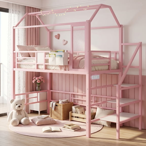 Miniyam Twin House Low Loft Bed Frame with Stairs, Charging Station and Storage Bag, Pink