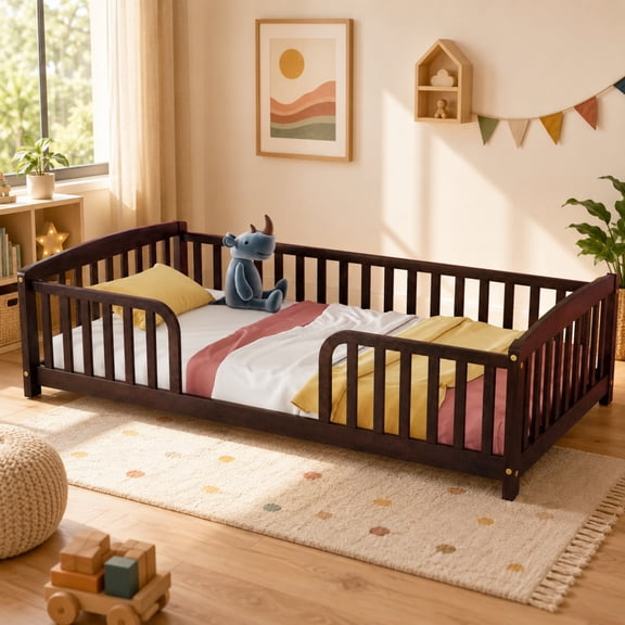 Miniyam Twin Kids Floor Bed with Guardrails, Pine Wood Montessori Bed Frame with Rounded Opening, Espresso