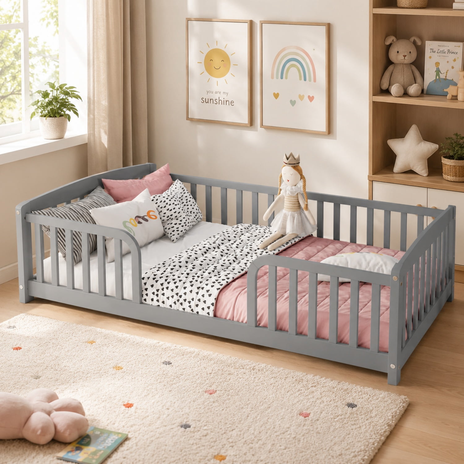 Miniyam Twin Kids Floor Bed with Guardrails, Pine Wood Montessori Bed Frame with Rounded Opening, Gray