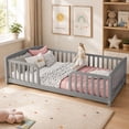 thumbnail image 1 of Miniyam Twin Kids Floor Bed with Guardrails, Pine Wood Montessori Bed Frame with Rounded Opening, Gray, 1 of 8