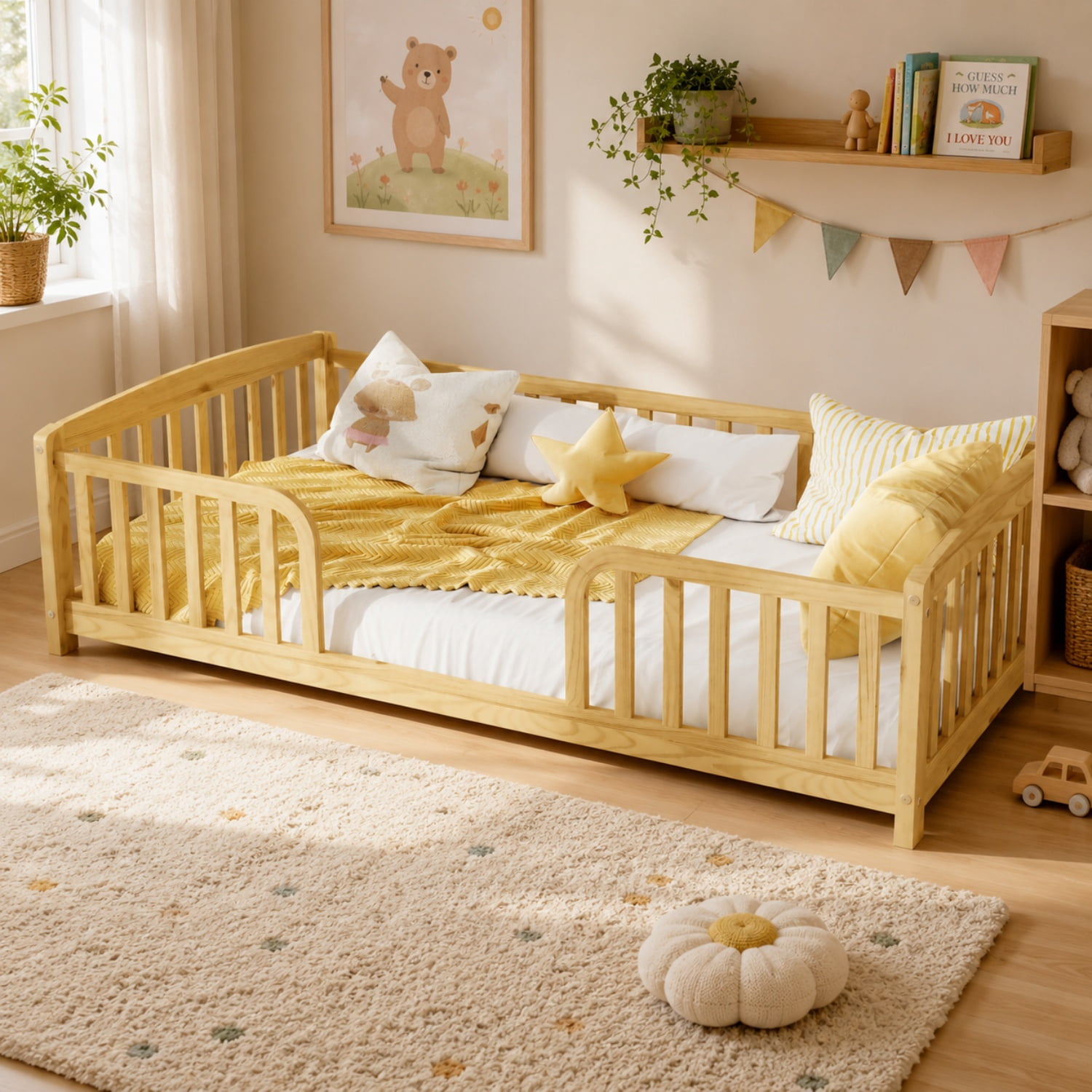 Miniyam Twin Kids Floor Bed with Guardrails, Pine Wood Montessori Bed Frame with Rounded Opening, Natural
