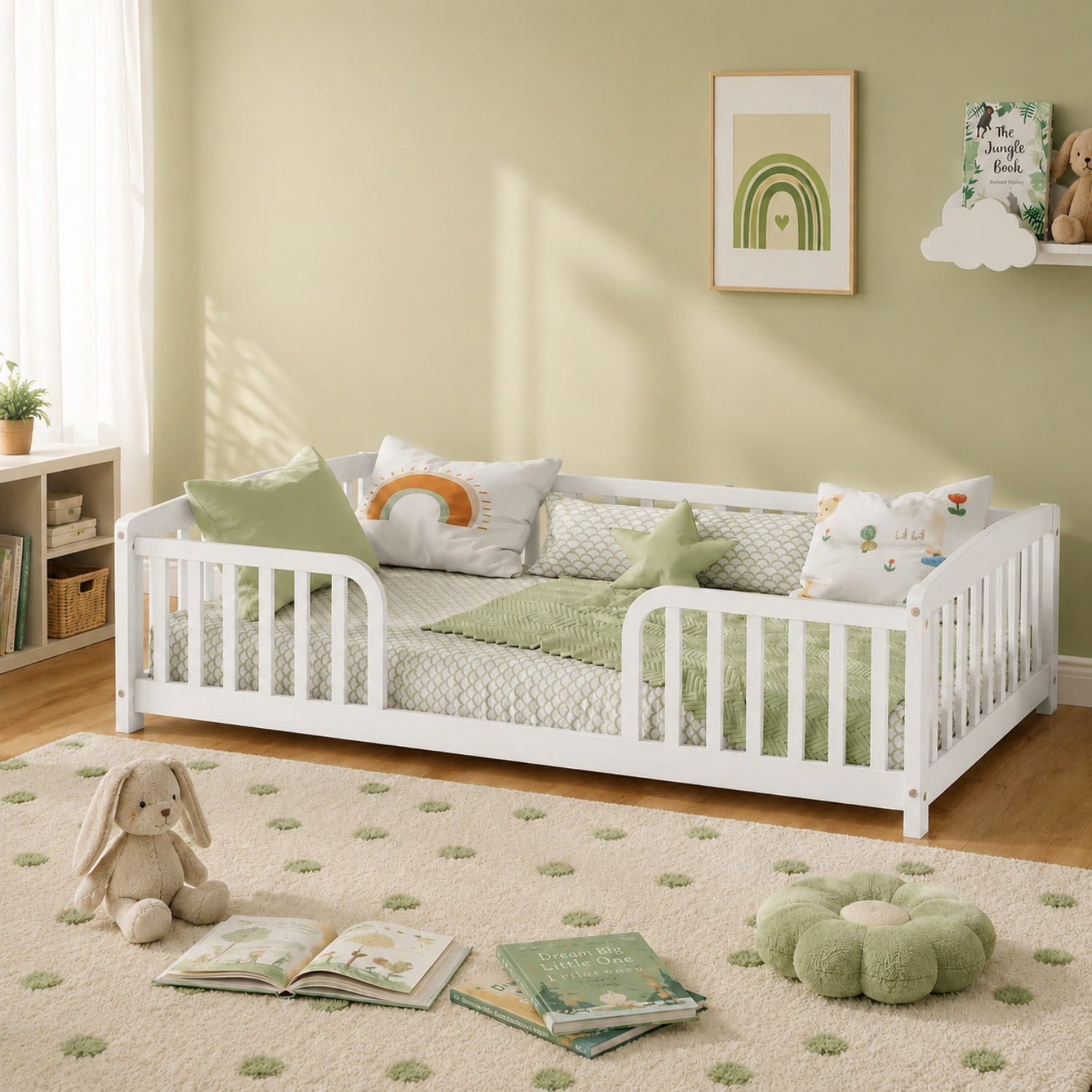 Miniyam Twin Kids Floor Bed with Guardrails, Pine Wood Montessori Bed Frame with Rounded Opening, White